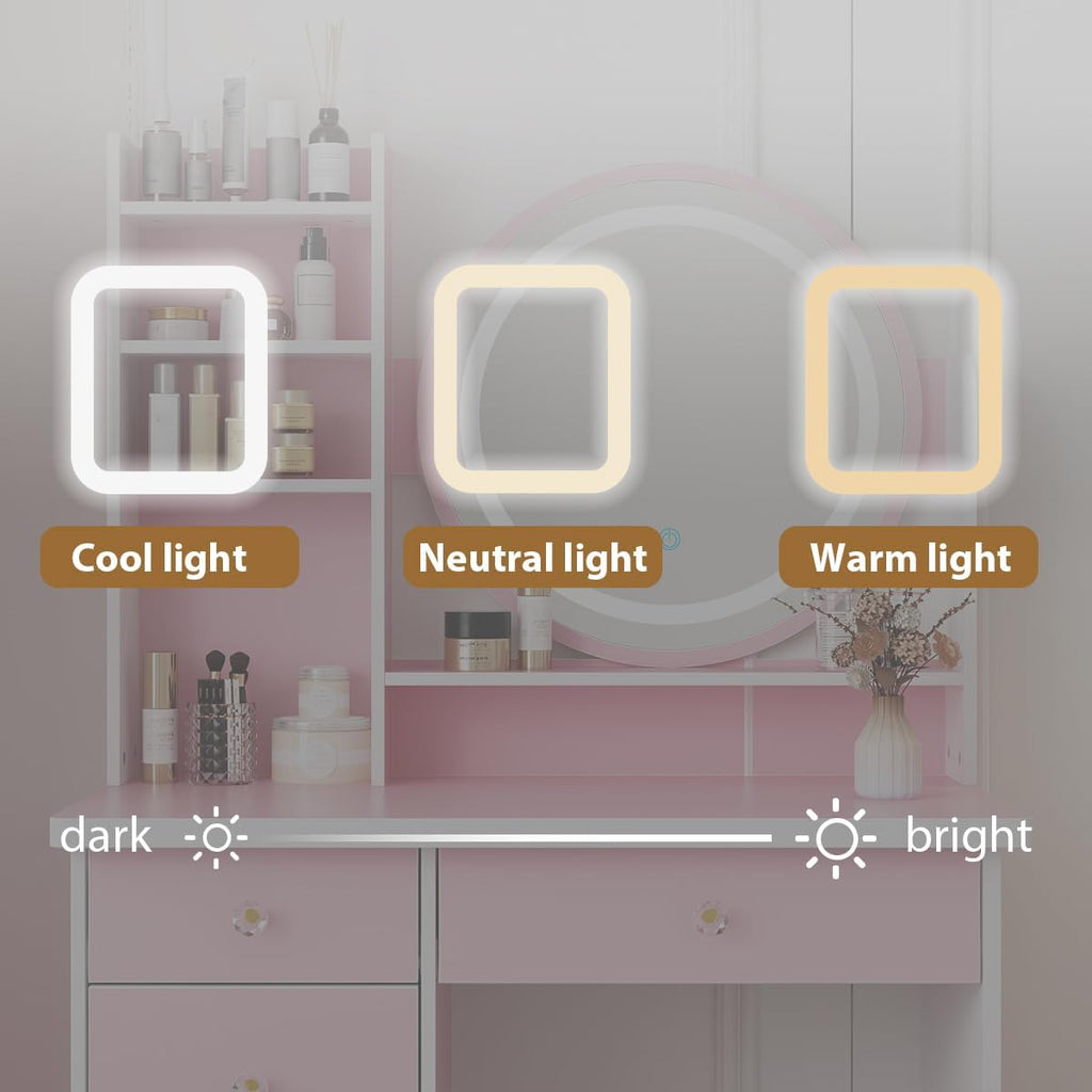 FUFU&GAGA Pink Vanity Set with Round Lighted Mirror, Makeup Vanity Bedroom Dressing Table with 5 Drawers, Shelves, Dresser Desk and Cushioned Stool