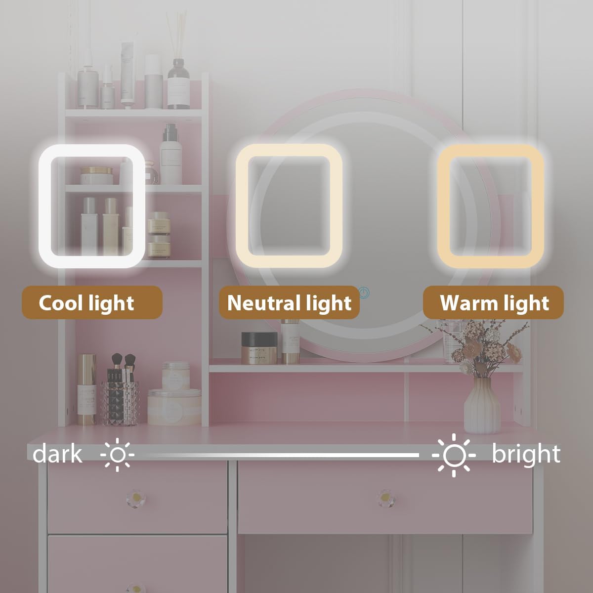 FUFU&GAGA Pink Vanity Set with Round Lighted Mirror, Makeup Vanity Bedroom Dressing Table with 5 Drawers, Shelves, Dresser Desk and Cushioned Stool