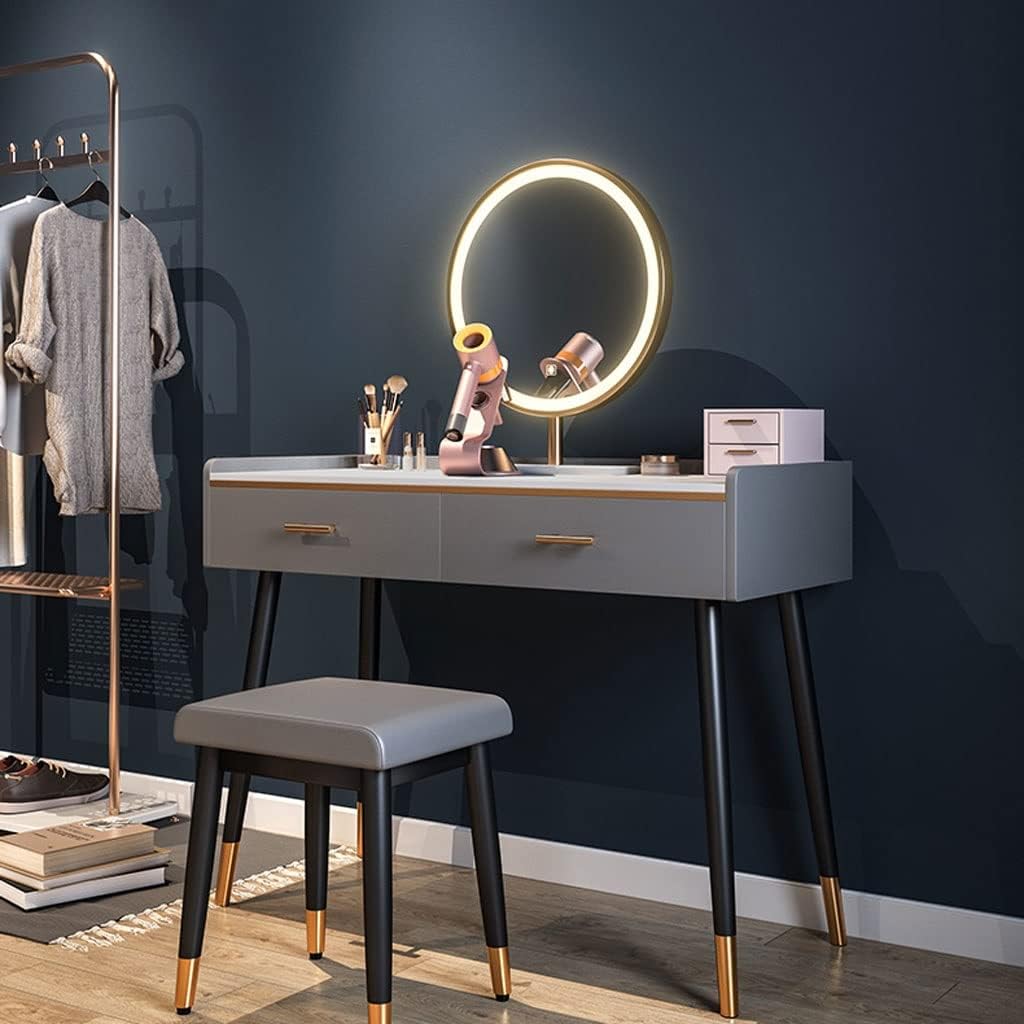 Vanity Benches Dresser Set Vanity Desk Storage Cabinet Cosmetic Storage Desk with LED Round Mirror, Stool, Two Drawers (Color : A)