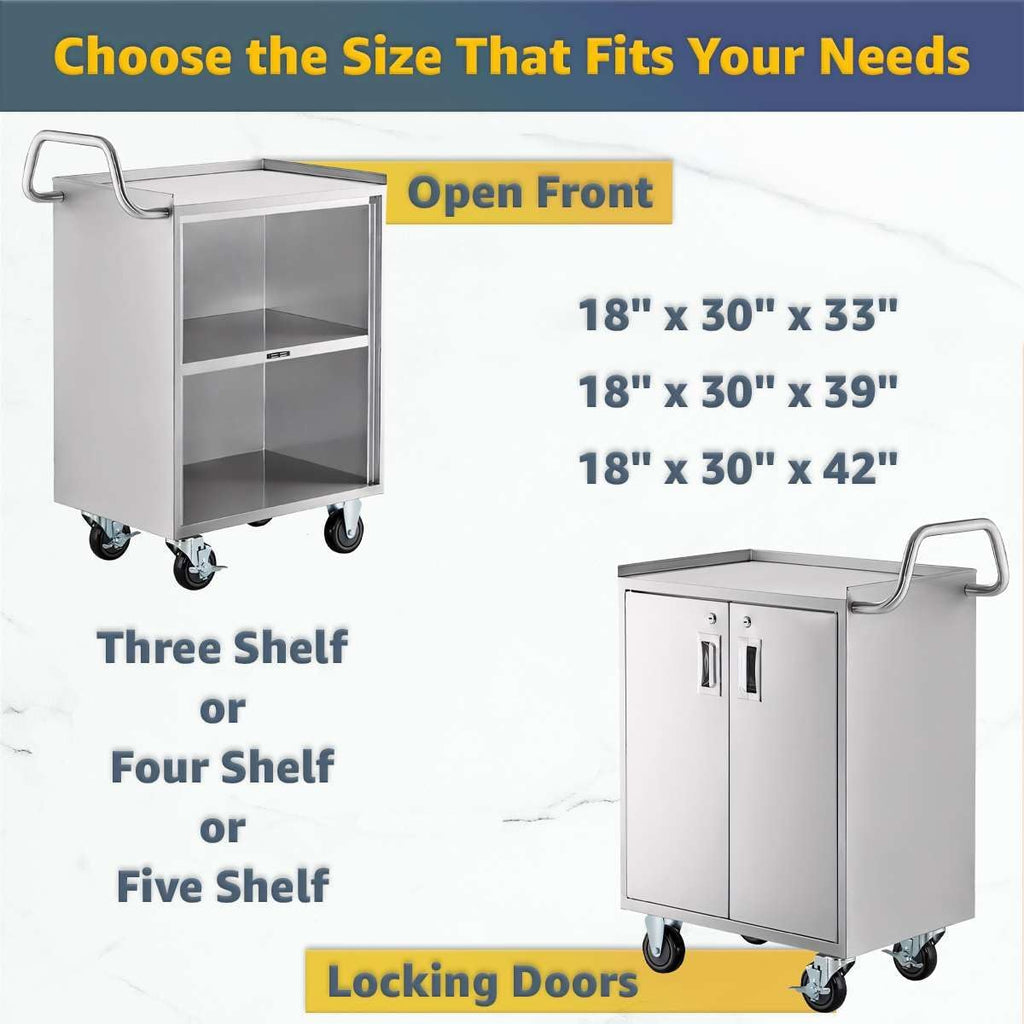 18' x 30' Stainless Steel Utility Cart with Enclosed Base and Locking Doors - Commercial NSF 3 Shelf Service Cart, Heavy-Duty Mobile Storage Cabinet for Kitchen, Catering, Restaurant Storage