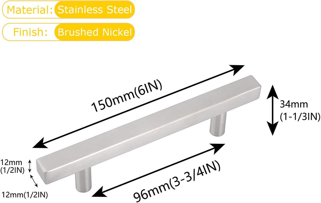 6' Long Square Cabinet Pulls Stainless Steel Square Drawer Pulls Brushed Nickel Cabinet Pulls for Kitchen Closet Door Handle, Dress Wardrobe Hardware (Hole Center:3-3/4' (96mm), 50 Pack)