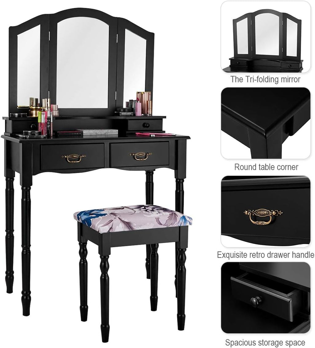 Giantex Vanity Table Set with Tri-Folding Mirror, Makeup Dressing Table with 4 Drawers, Bedroom Vanity with Padded Stool, Room Desk Vanities, Black