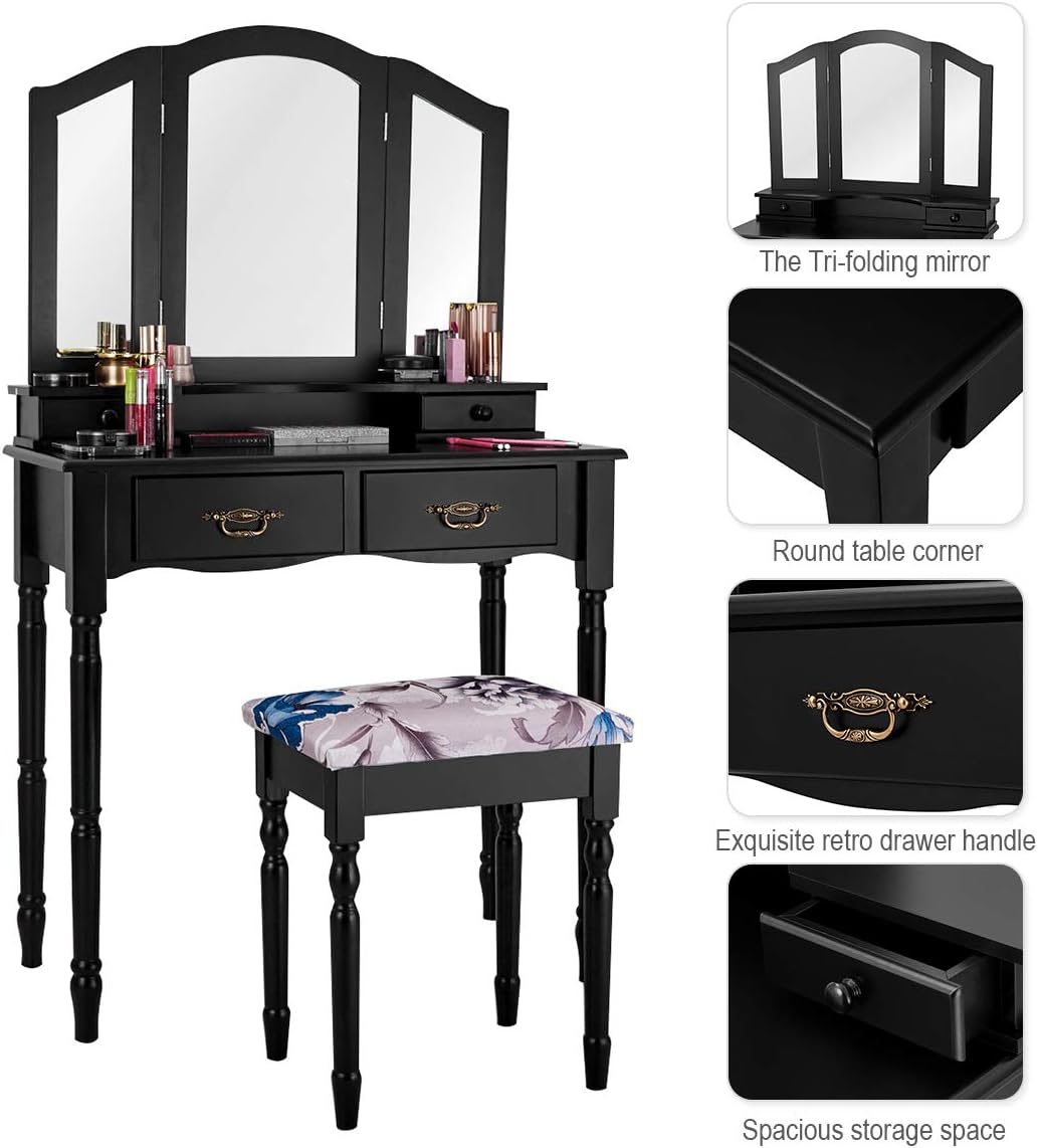 Giantex Vanity Table Set with Tri-Folding Mirror, Makeup Dressing Table with 4 Drawers, Bedroom Vanity with Padded Stool, Room Desk Vanities, Black