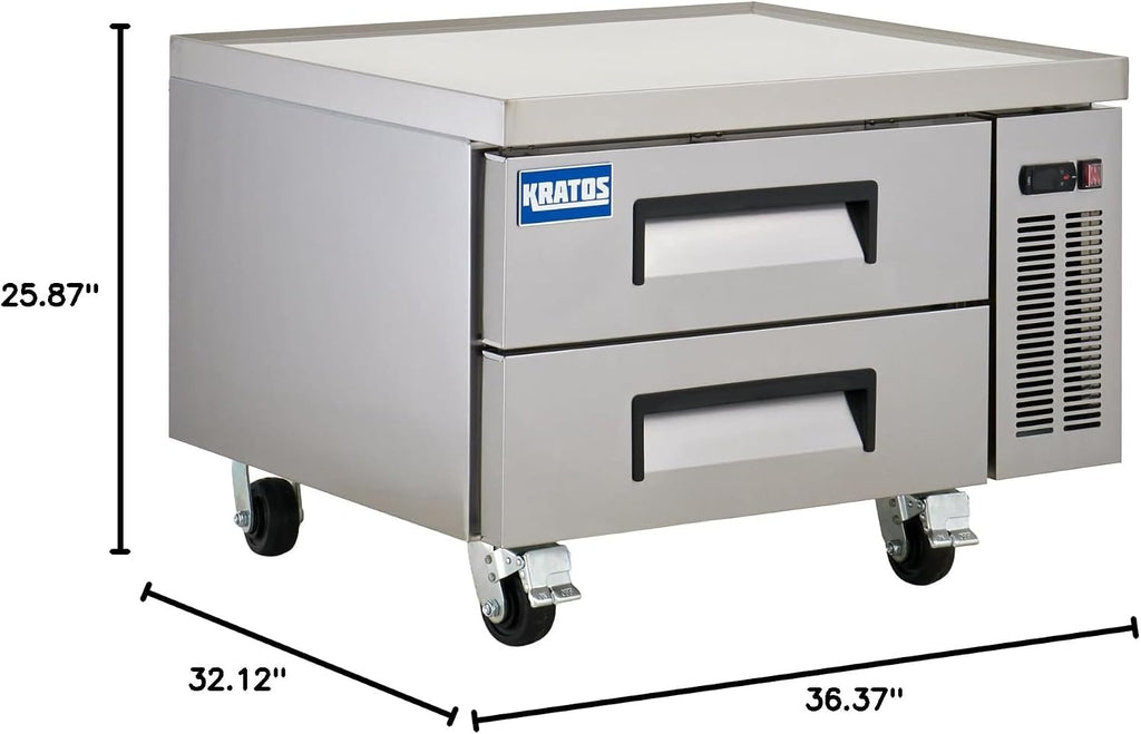 Kratos Commercial Refrigerator, 36' Wide Two Drawer Chef's Base, Refrigerated Mobile Equipment Stand for Restaurants, Stainless Steel, 115V, 6.5 Cubic Ft. Capacity (67K-314)