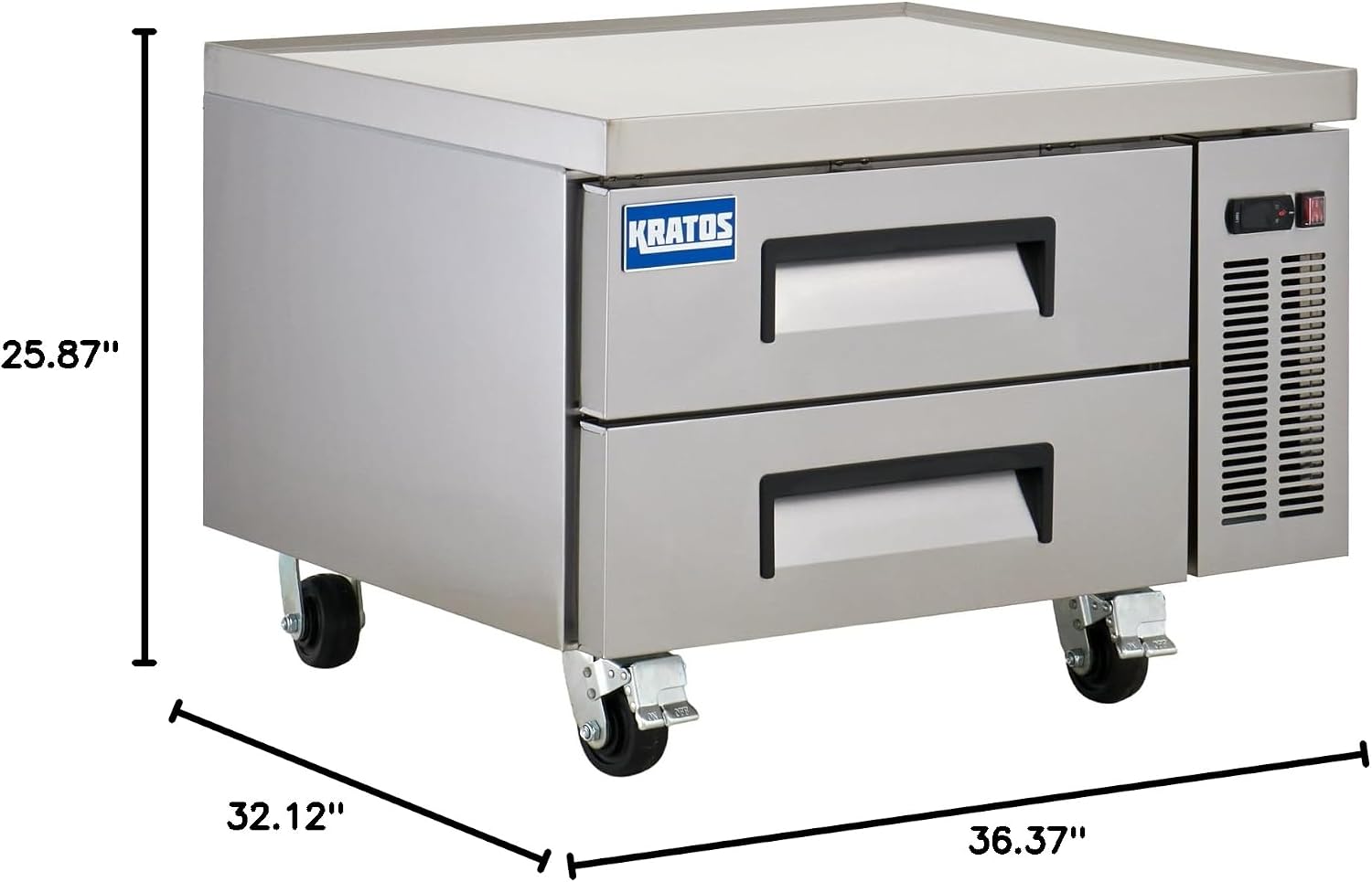 Kratos Commercial Refrigerator, 36' Wide Two Drawer Chef's Base, Refrigerated Mobile Equipment Stand for Restaurants, Stainless Steel, 115V, 6.5 Cubic Ft. Capacity (67K-314)