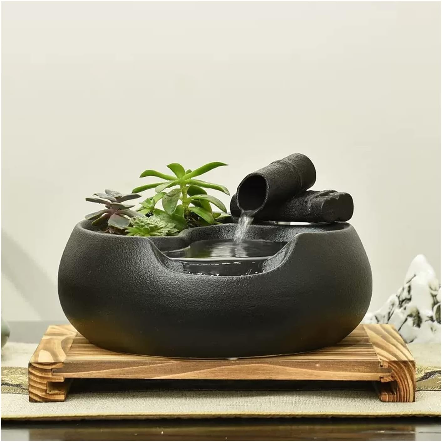 Tabletop Fountain Ceramic Tabletop Fountain for Indoor and Outdoor Table Desk Office Patio Black Ceramic Fountain with Pumps and Wooden Base Water Fountain (Color : A)
