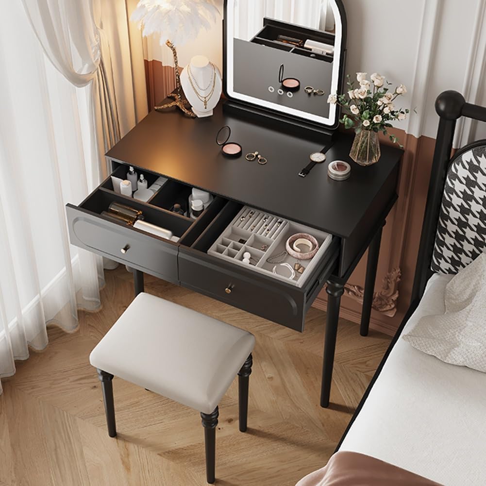 Rieort Vanity Desk Solid Wood Makeup Vanity Set with Led Mirror Vanity Benches Cushion Makeup Chair Home Nightstand Dressing Table