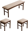 Solid Wood Leather Upholstered Dining Bench & Stool Set, 47.2'' Long Bench and 17.7'' Suqare Stool Set for Dining Table, Walnut Ottoman Footrest Bench Seat for Entryway Dining Bedroom, 3pcs