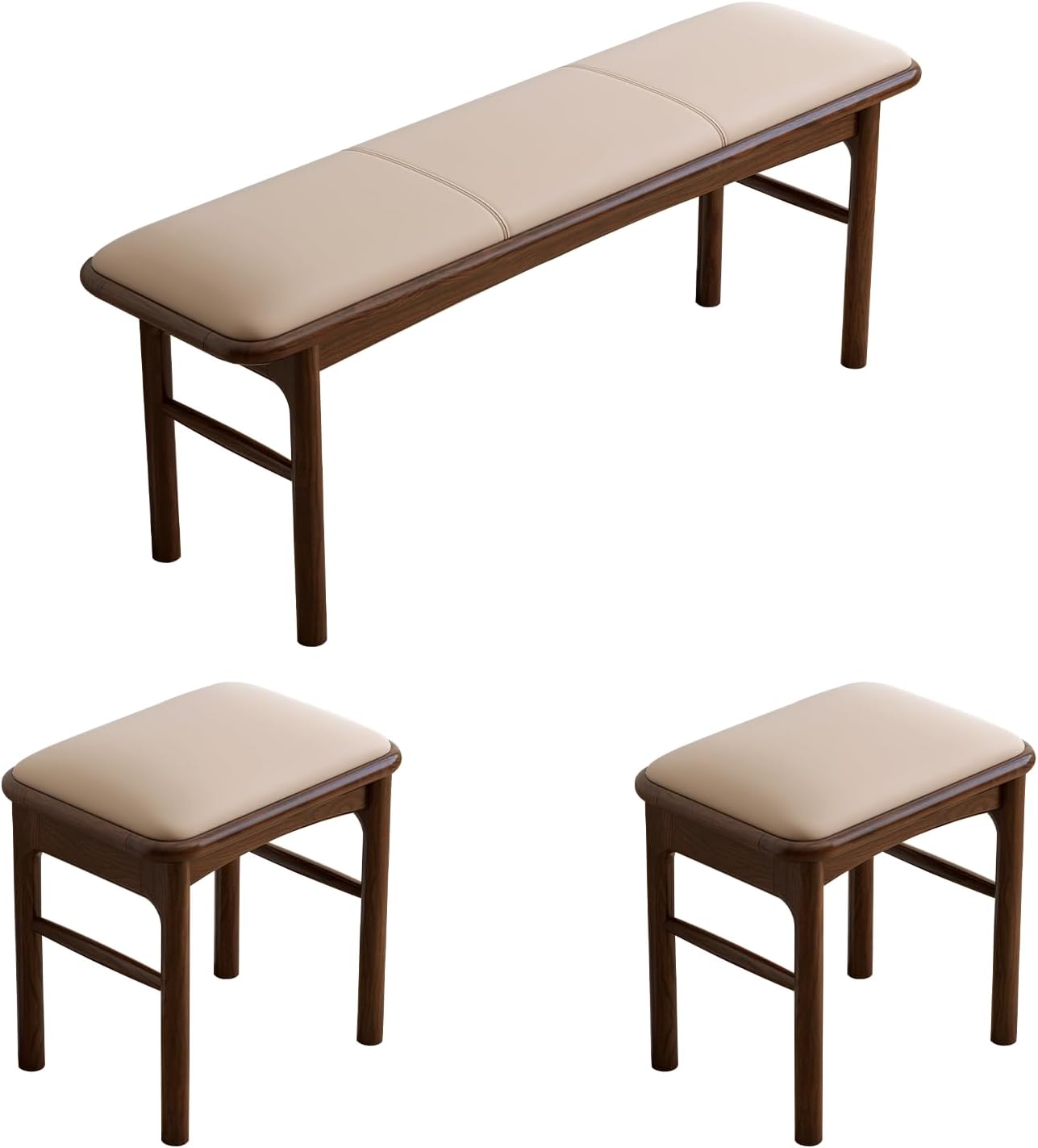 Solid Wood Leather Upholstered Dining Bench & Stool Set, 47.2'' Long Bench and 17.7'' Suqare Stool Set for Dining Table, Walnut Ottoman Footrest Bench Seat for Entryway Dining Bedroom, 3pcs