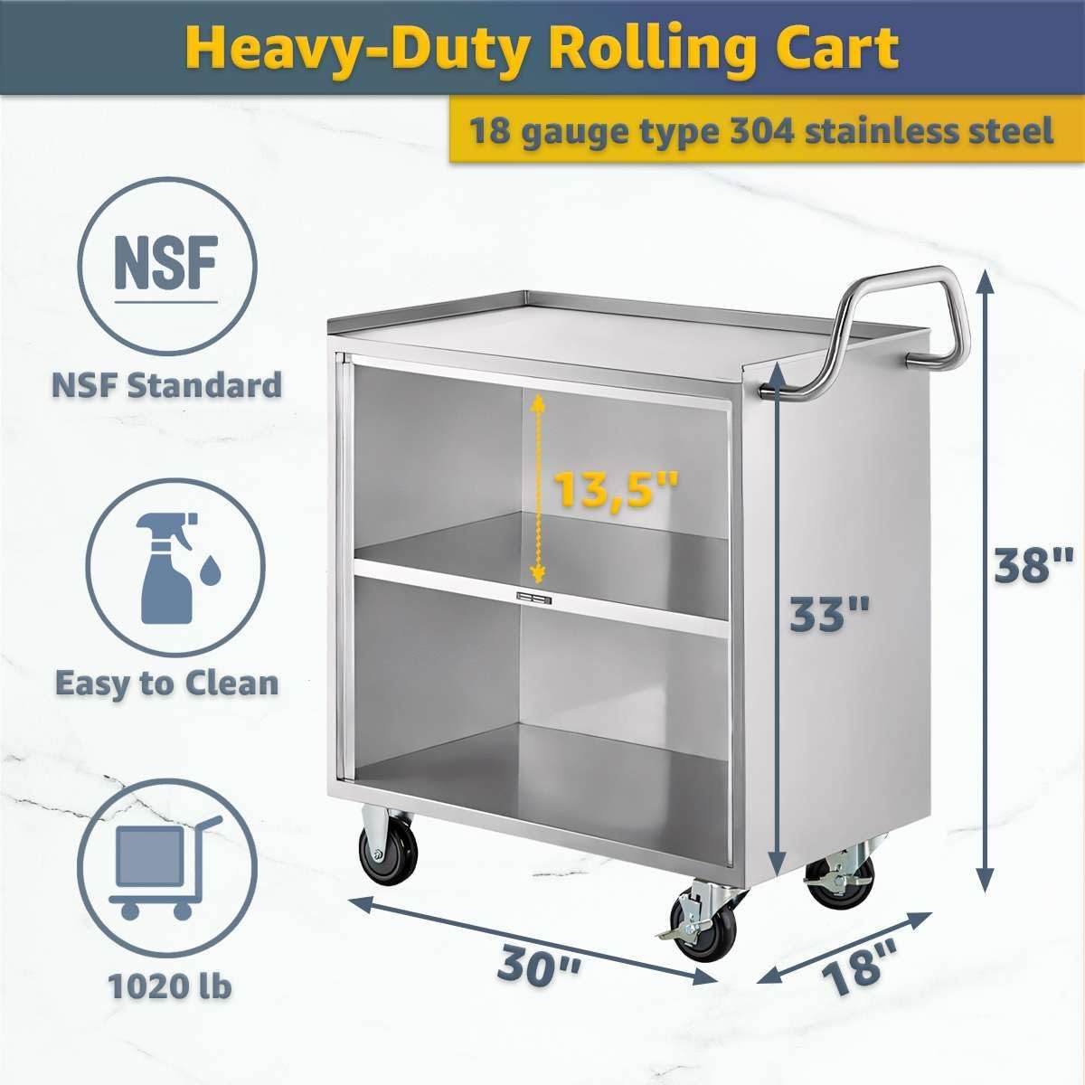 18' x 30' Stainless Steel Utility Cart with Enclosed Base and Open Front - 3 Shelf Heavy-Duty Commercial Service Cart - NSF Rolling Cart for Kitchen, Catering, Restaurant Storage