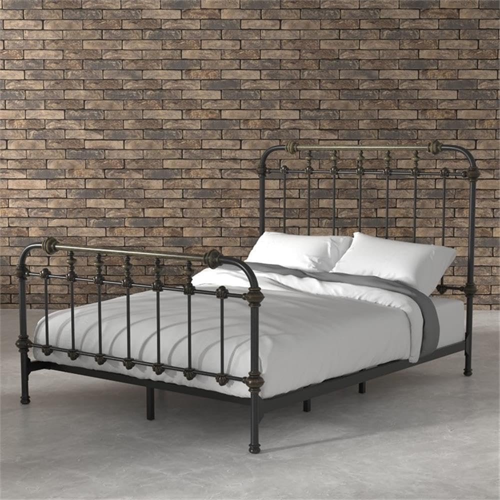 BOWERY HILL Transitional Metal Twin Spindle Bed, Antique Black Finish, Powder-Coated Steel Construction, 80.75 x 43.5 x 54.75 in, Headboard and Footboard Slats, Antique Gold Accents for Bedroom Use