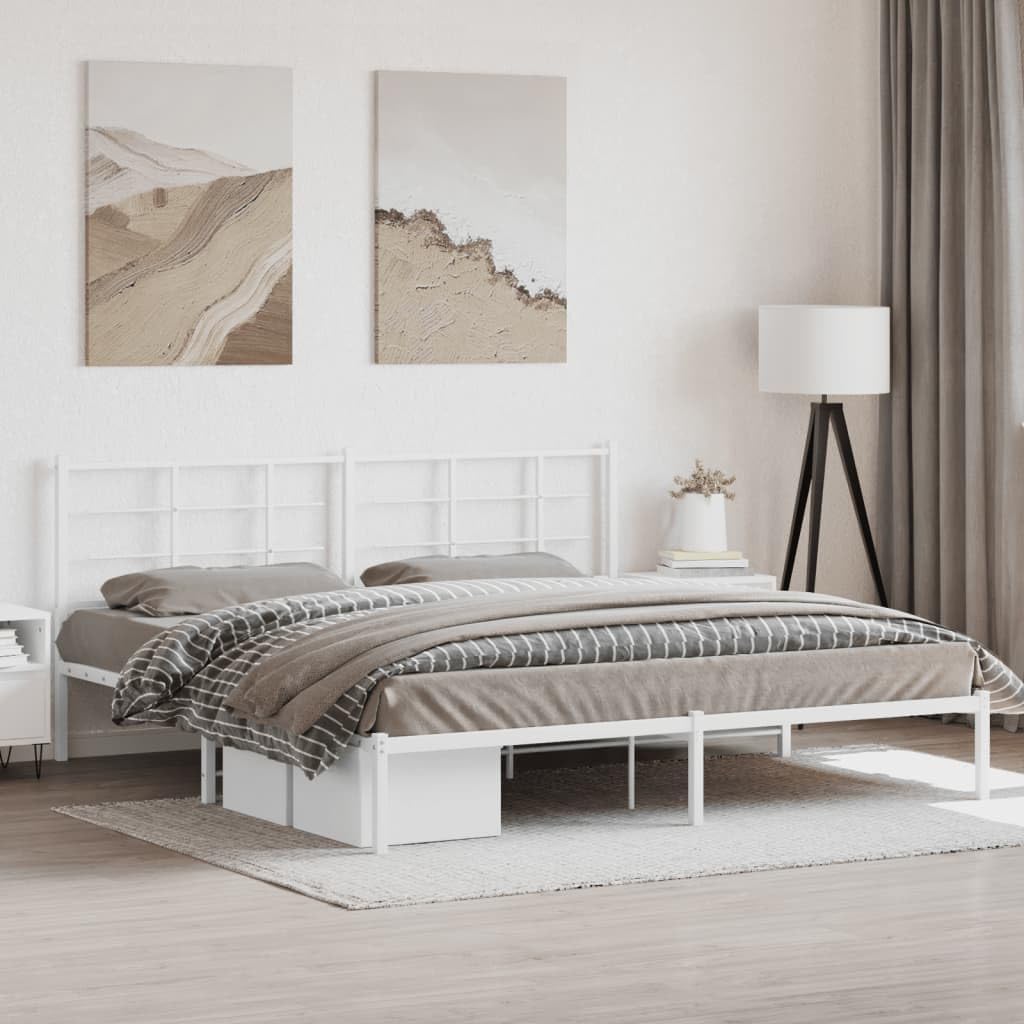 Metal Bed Frame with Headboard White King Size 76'x79.9' Steel Platform Bed Frame with Underbed Storage Space for Bedroom Furniture
