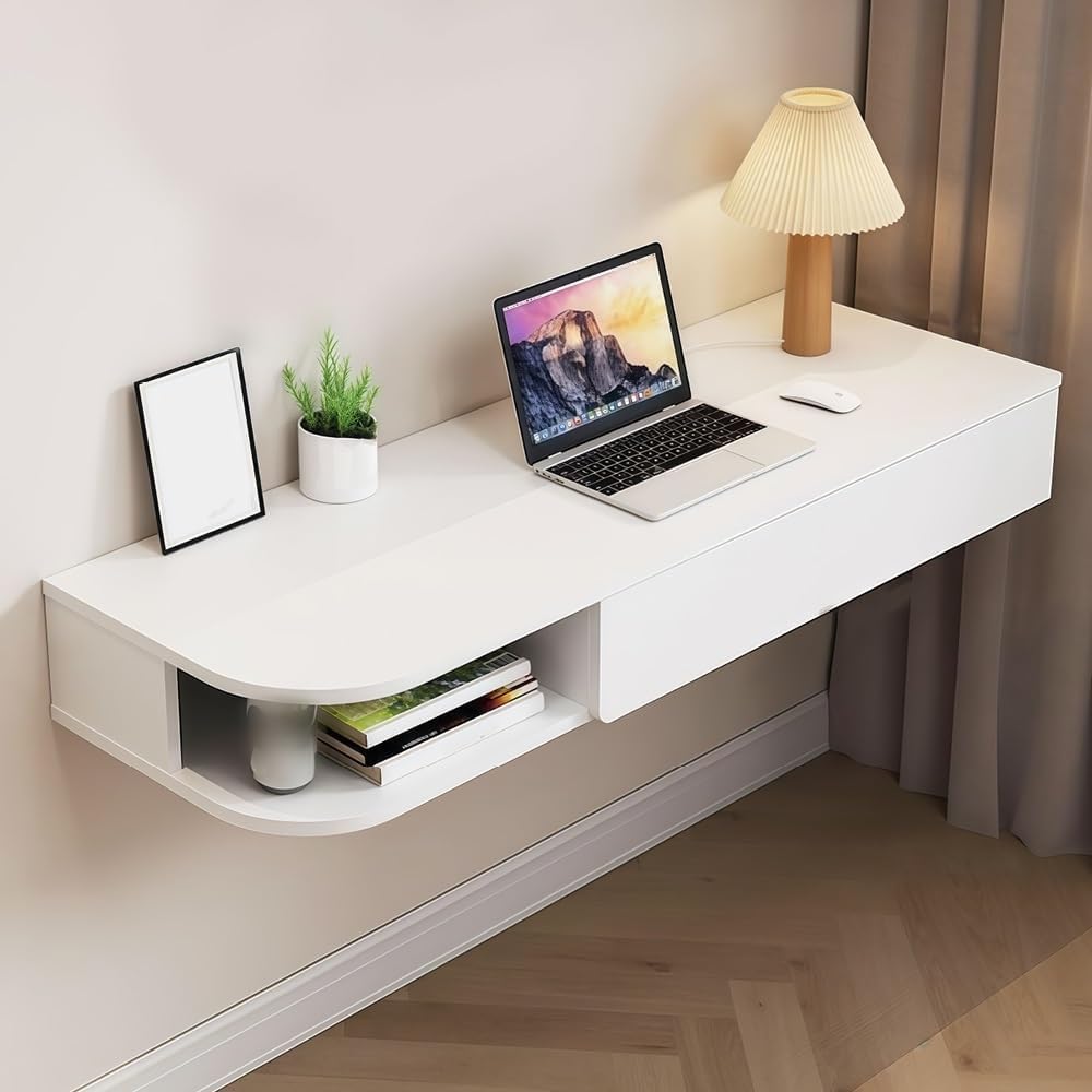 Wall-Mounted Desk with Storage Drawers Hanging Corner Vanity Table Wooden Computer Table Adjustable Bookshelf for Home Offices Space Saver(Gray Right,80 cm)