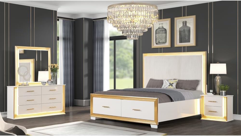 4-Piece King Bedroom Set with Wood & Gold Finish - Contemporary Style