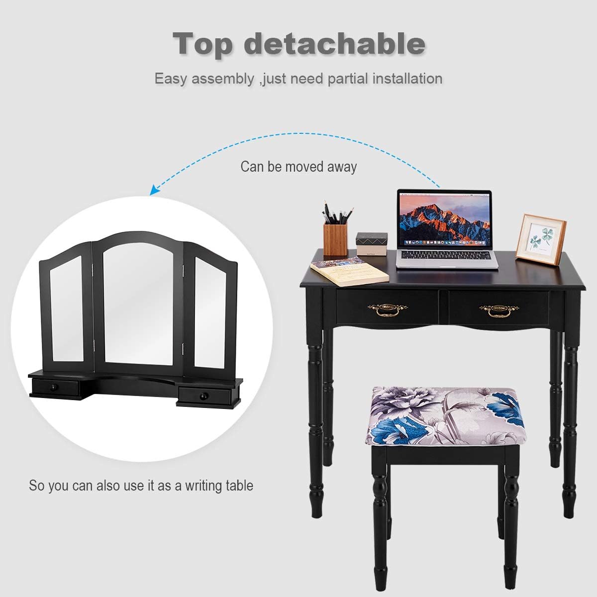 Giantex Vanity Table Set with Tri-Folding Mirror, Makeup Dressing Table with 4 Drawers, Bedroom Vanity with Padded Stool, Room Desk Vanities, Black