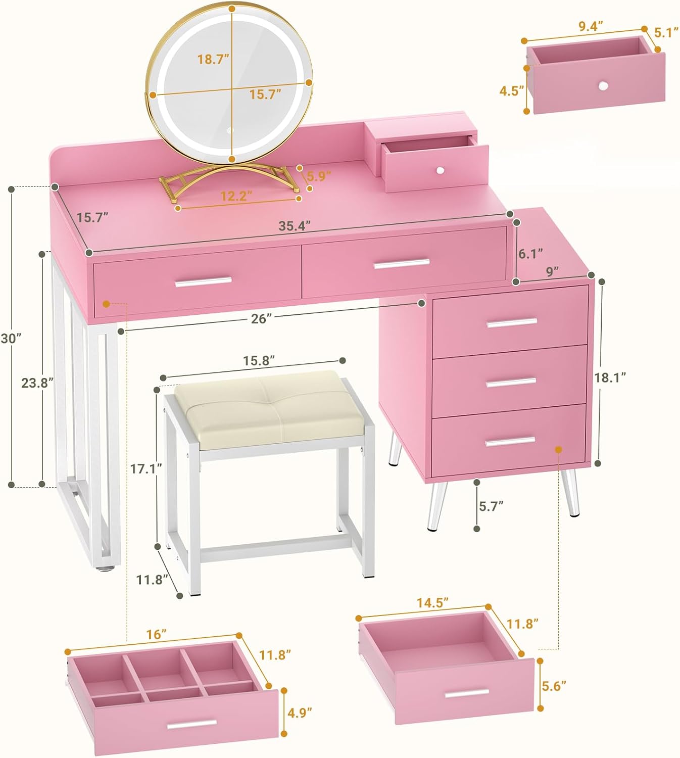 Armocity Pink Vanity Desk with Mirror and Lights, Modern Makeup Vanity Table Set with 6 Storage Drawers and Cushioned Stool for Bedroom, Dressing Table with Divided Organizers for Women Girls, Pink