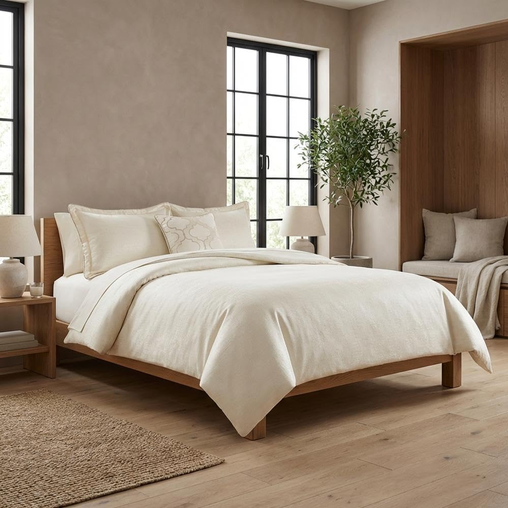 Michael Amini Westlyn Beige 4-Piece King Comforter Set with 100% Polyester Jacquard and Cotton Blend Back, Soft Lightweight Bedding for All-Season Comfort and Stylish Bedroom Decor