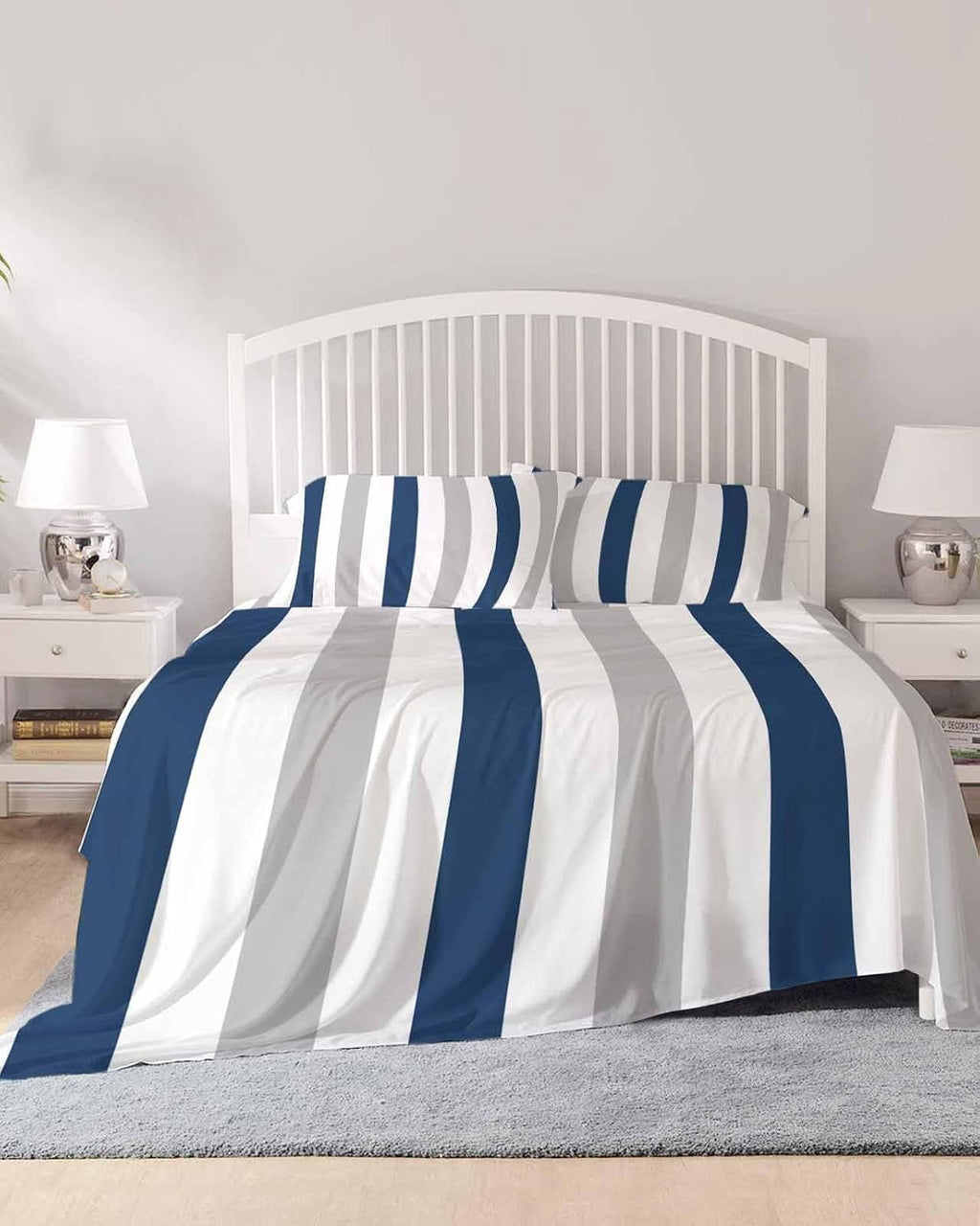 Navy Blue Striped King Sheet Set 4 Piece Bedding - Geometric Grey White Vertical Stripes Breathable Comfy Cooling Bed Sheets & Pillowcase Sets,Hotel Luxury Flat Sheets Deep Pockets Fitted Sheet