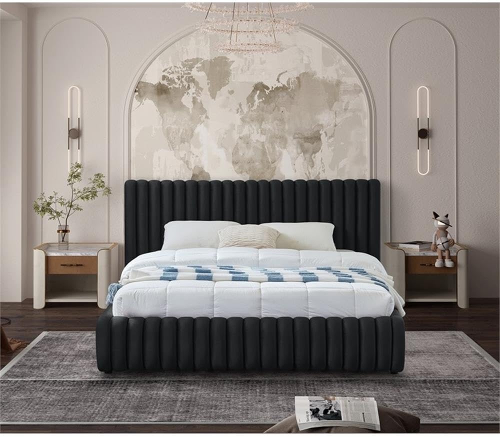 Pemberly Row Full Bed, Rich Black Velvet Upholstery, Deep Channel Tufting, 68' W x 86' D x 38' H, Contemporary Design, Upholstered Headboard and Footboard, Modern Bedroom Furniture