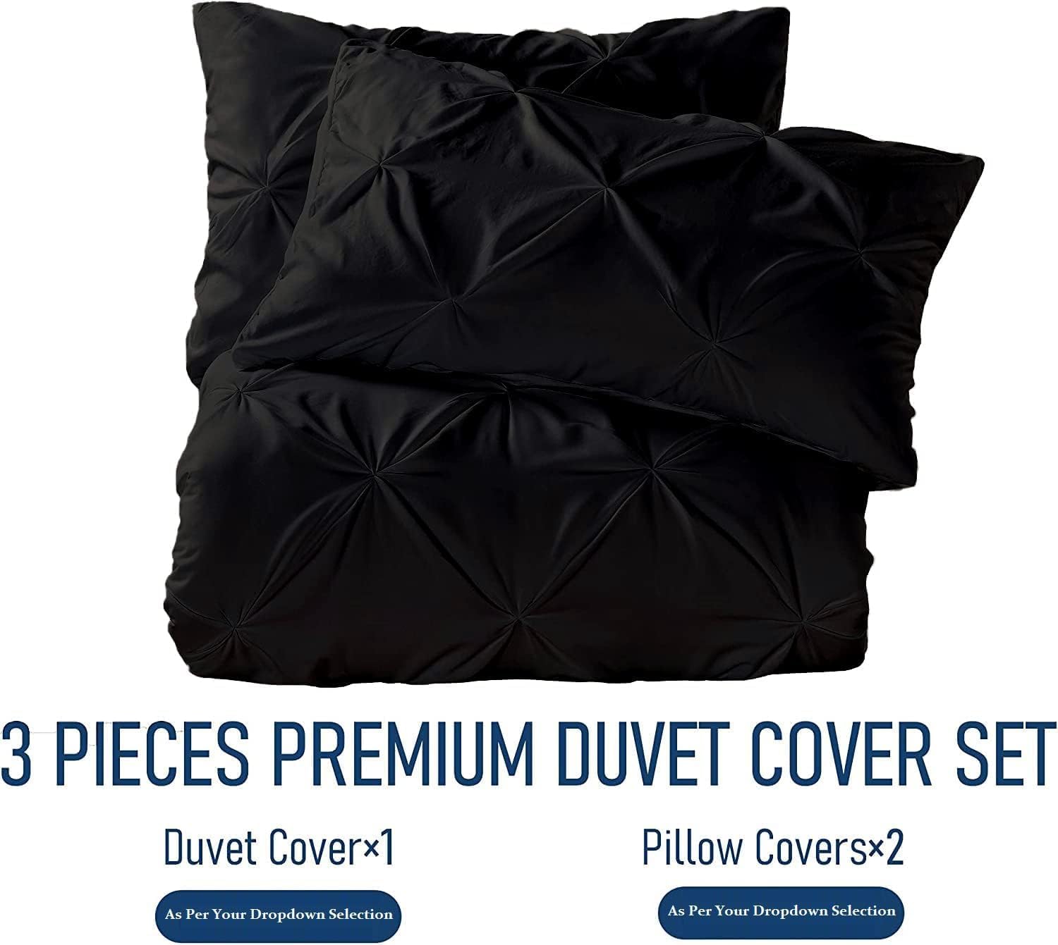 Crown Collection Luxuriate Hotel 1000-TC Hypoallergenic Ultra Soft Design 100% Egyptian Cotton Pinch Plated Duvet Cover with Zipper Colser & 2pcs Pillow Case Set (Super King Plus 120X120) Black