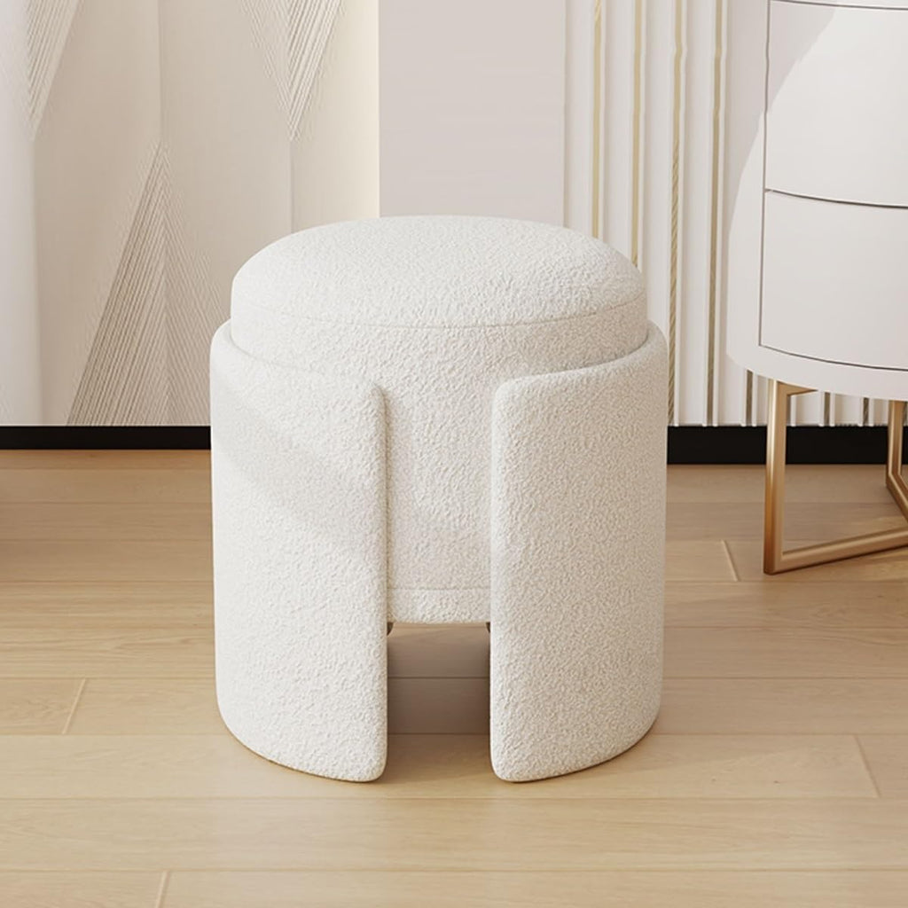 Modern Upholstered Ottoman Comfortable Vanity Stool End Table Pouf Under Desk Soft Dressing Foot Stool for Makeup Room, Living Room, Bedroom, Entrance(White)