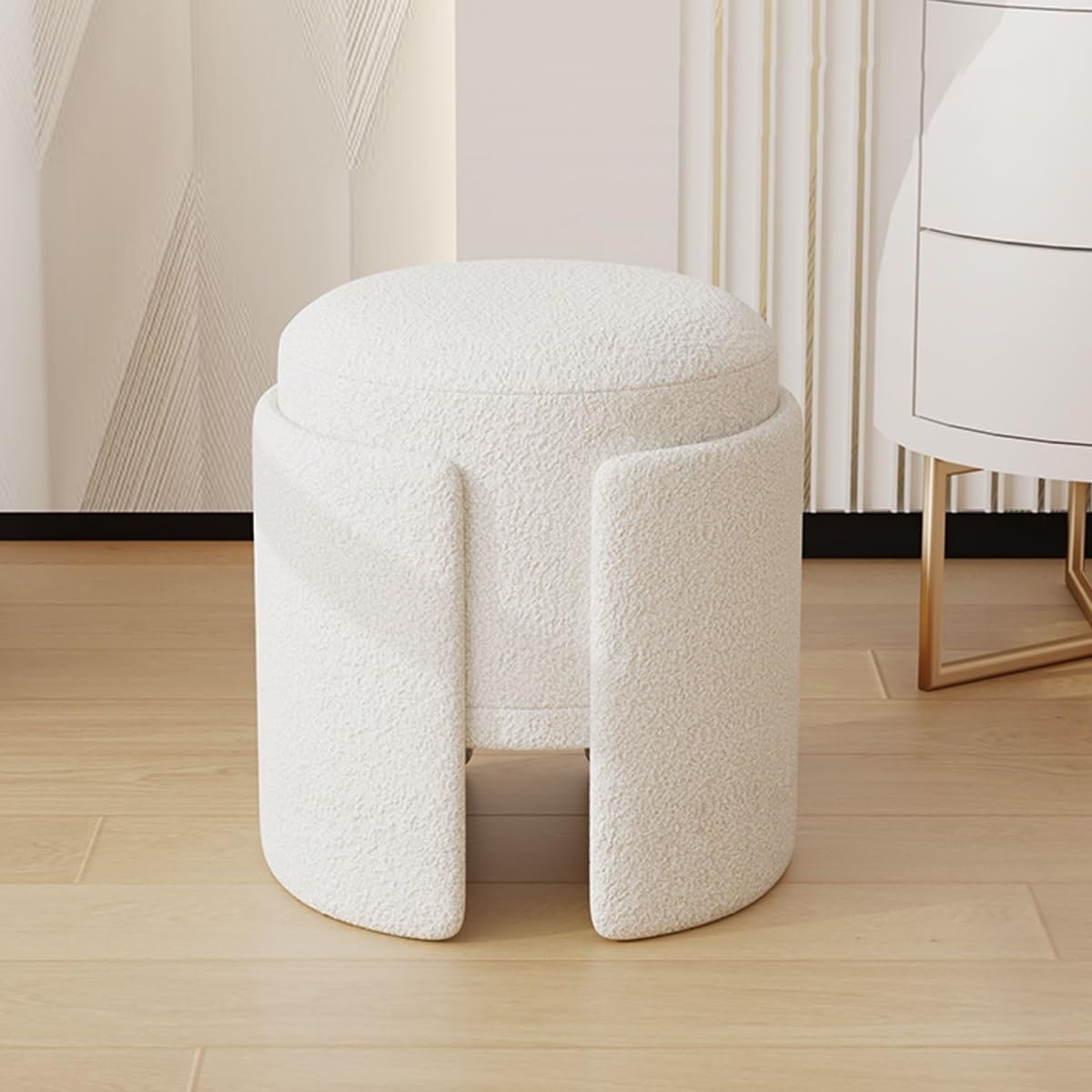Modern Upholstered Ottoman Comfortable Vanity Stool End Table Pouf Under Desk Soft Dressing Foot Stool for Makeup Room, Living Room, Bedroom, Entrance(White)