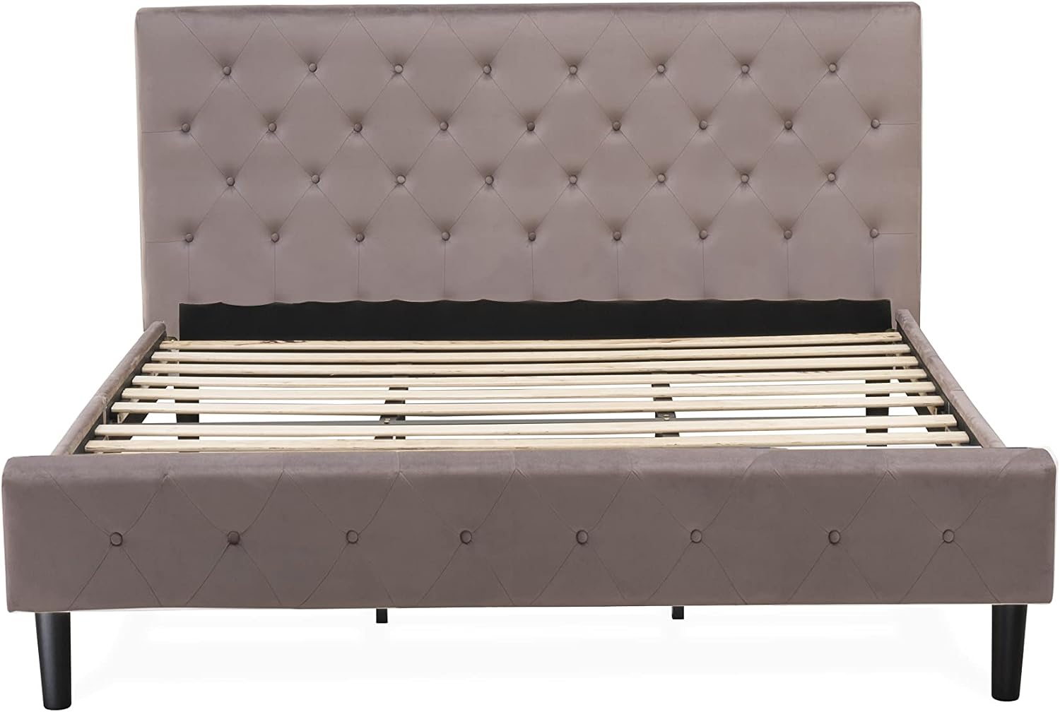 East West Furniture NL14K-2HA13 3 Piece Modern Bedroom Set - King Size Button Tufted Bed Frame - Brown Taupe Velvet Fabric Upholstered Headboard and a Burgundy Finish Nightstand
