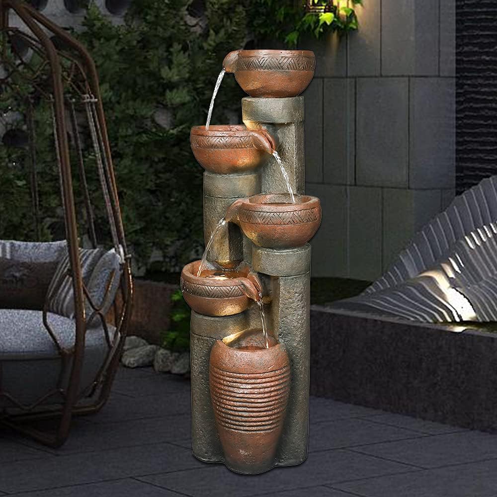 Outdoor Garden Water Fountain-Indoor Polyresin Waterfall Floor-Standing Fountains with LED Lights for Garden, Patio, Deck, Porch, Yard Art Decor (39.7inch)