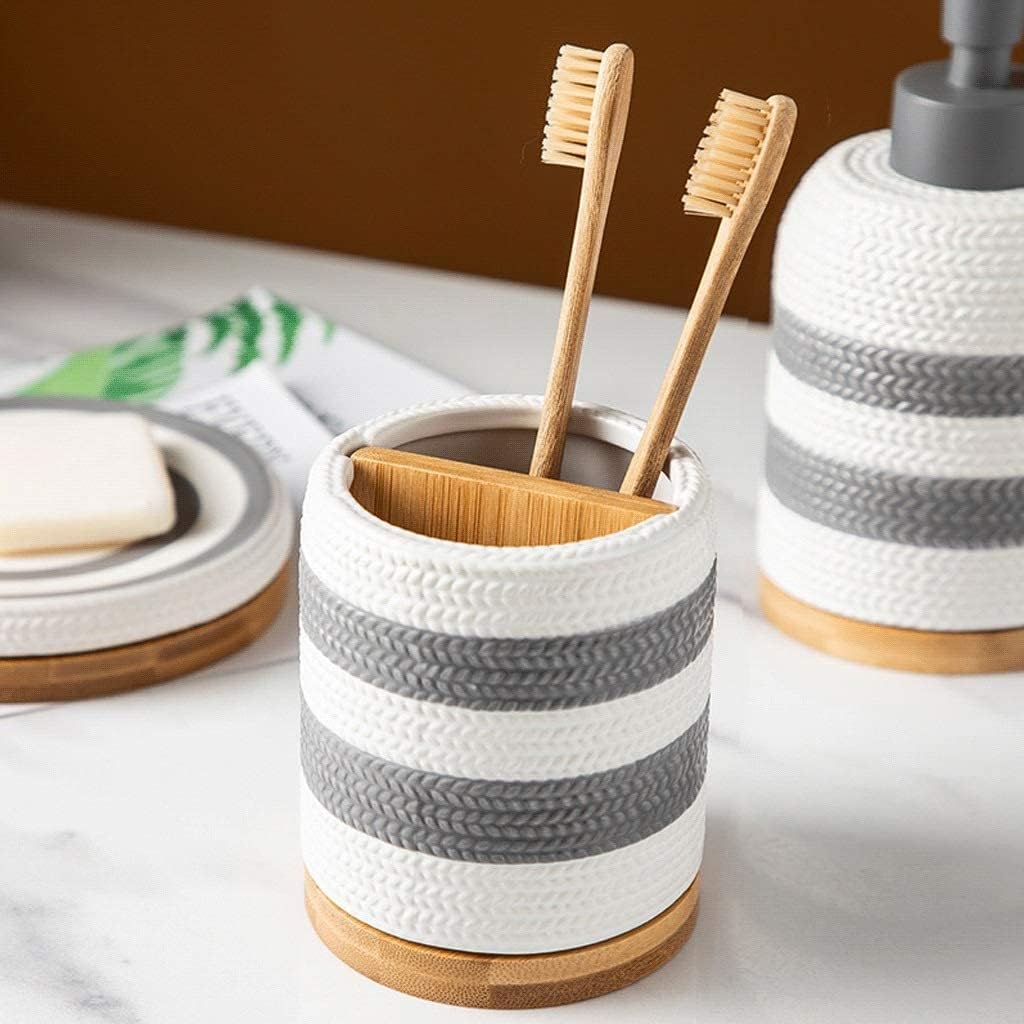 Vanity Bathroom Decor, Soap Dispenser 5 Piece Bathroom Accessories Set, Hand Painted Wheat Stripes Bath Ensemble, Ceramic Bath Set Housewarming Gift