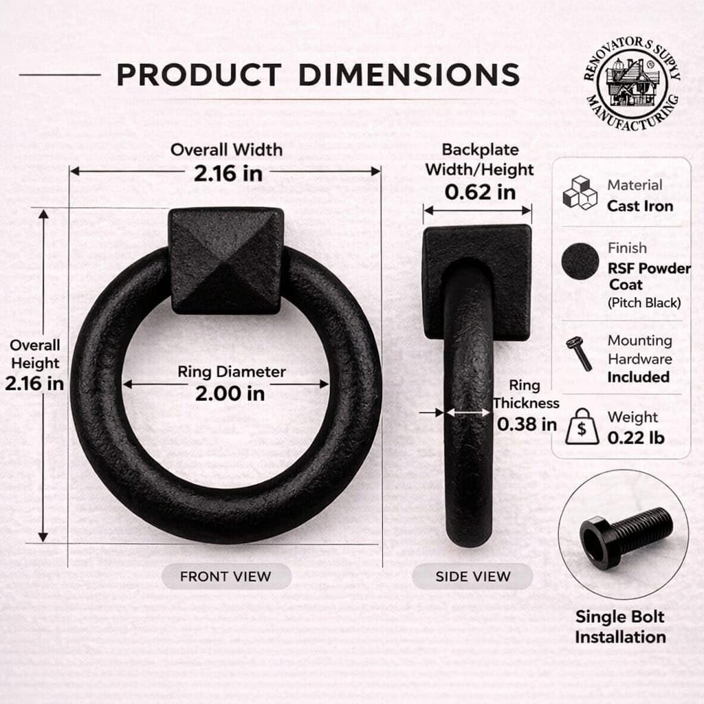 Renovators Supply Manufacturing Black Cast Iron Mission Cabinet Ring Pull Swing Handle Antique Drop Style 2 in. RSF Rust-Resistant Powder Coat Finish Pack of 12