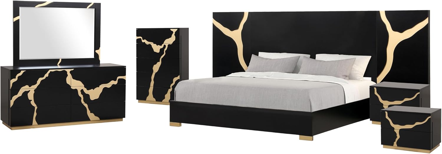 Furniture of America Quanta Modern Wood 6-Piece Bedroom Set with Panel Headboard and Gold-Painted Pattern Extended Walls, Felt-Lined Top Drawer, No Box Spring Needed, King, Black