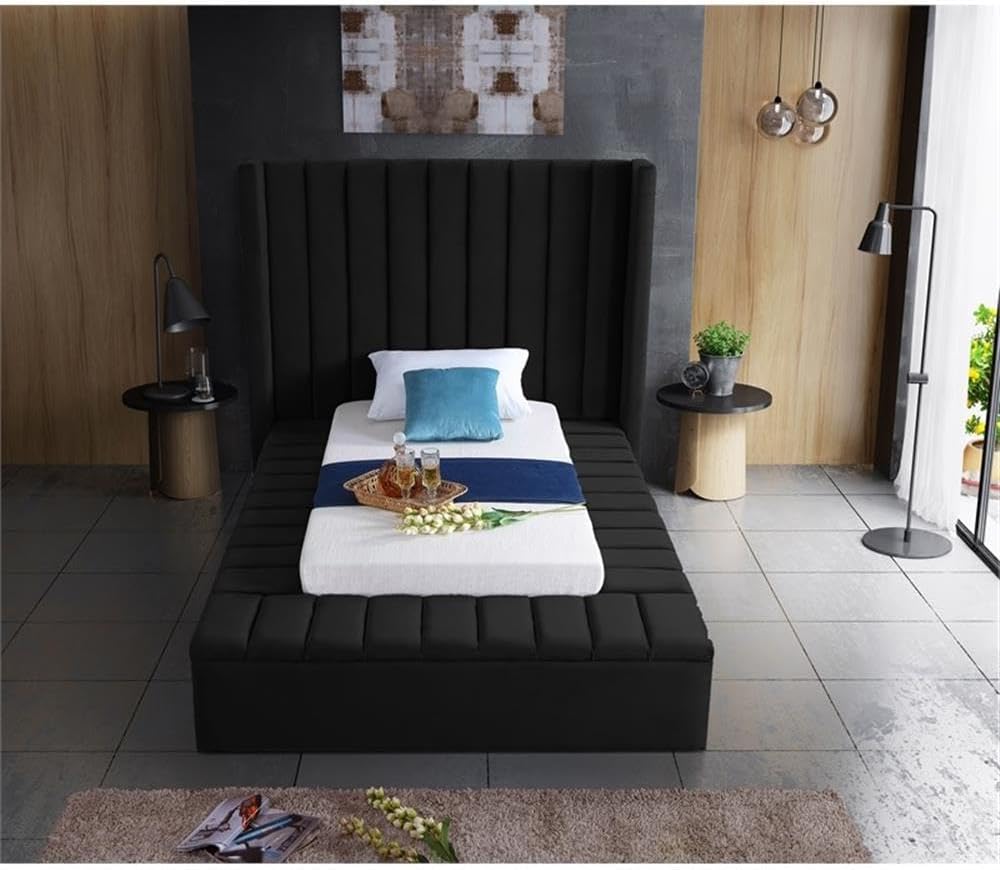 Meridian Furniture Kiki Collection Modern | Contemporary Velvet Upholsterd Bed with Channel Tufting, Siderails and Footboard Storage Compartments, Twin, Black
