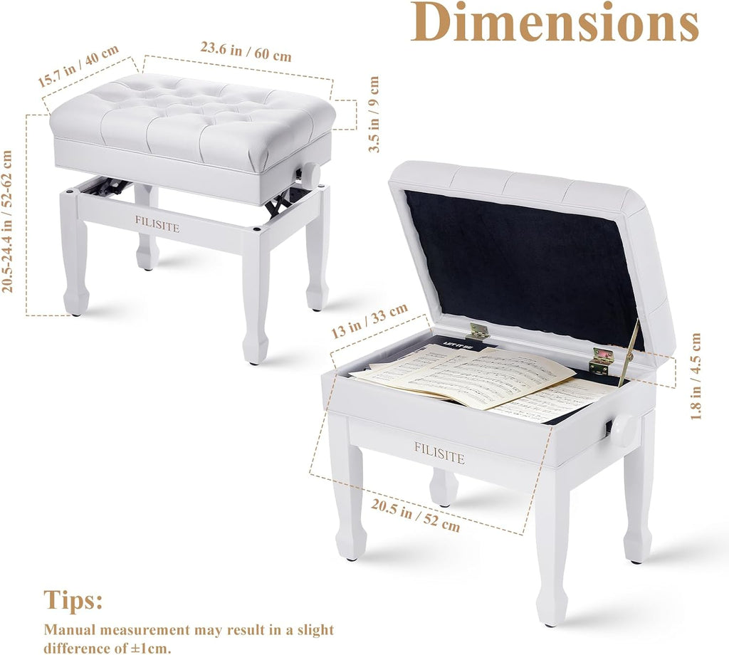 Adjustable Height Piano Bench with Storage, Heavy Duty Solid Wood Piano Stool Keyboard Bench with PU Leather Padded Cushion(White)
