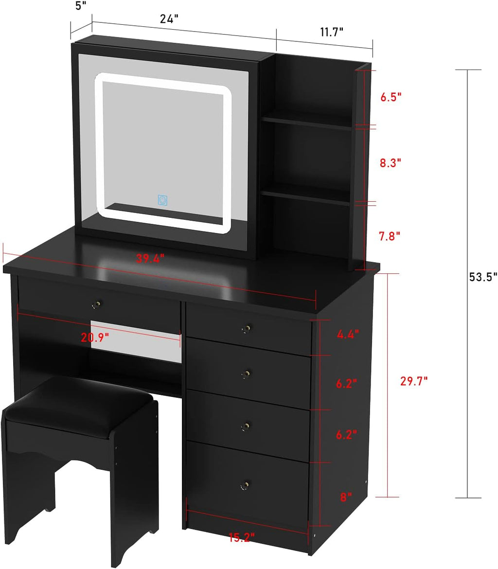 Homsee Vanity Desk Set Makeup Table with Large Sliding Lighted Mirror, Dressing Table with 5 Drawers, Storage Shelves & Cushioned Stool for Bedroom, Black