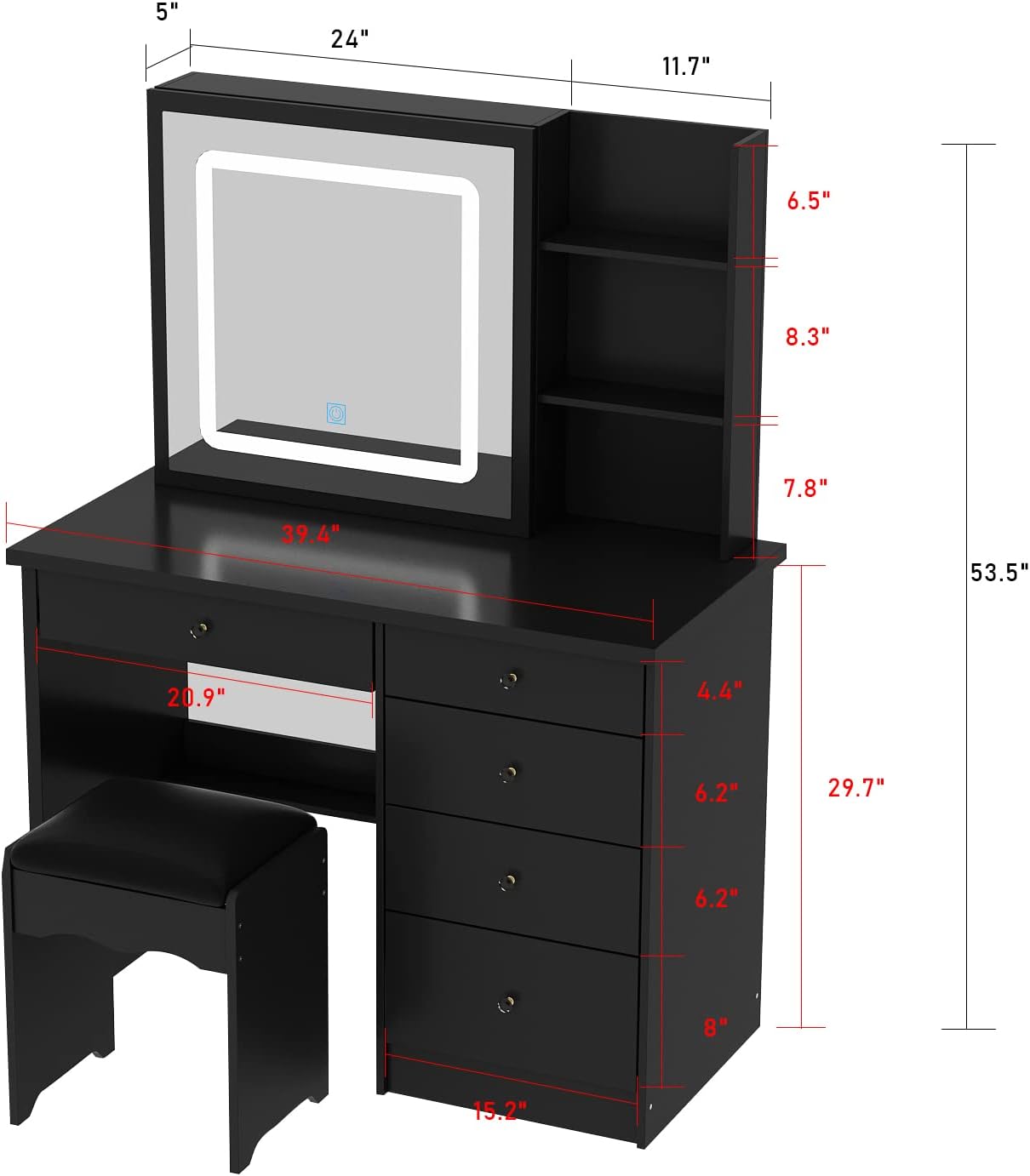 Homsee Vanity Desk Set Makeup Table with Large Sliding Lighted Mirror, Dressing Table with 5 Drawers, Storage Shelves & Cushioned Stool for Bedroom, Black