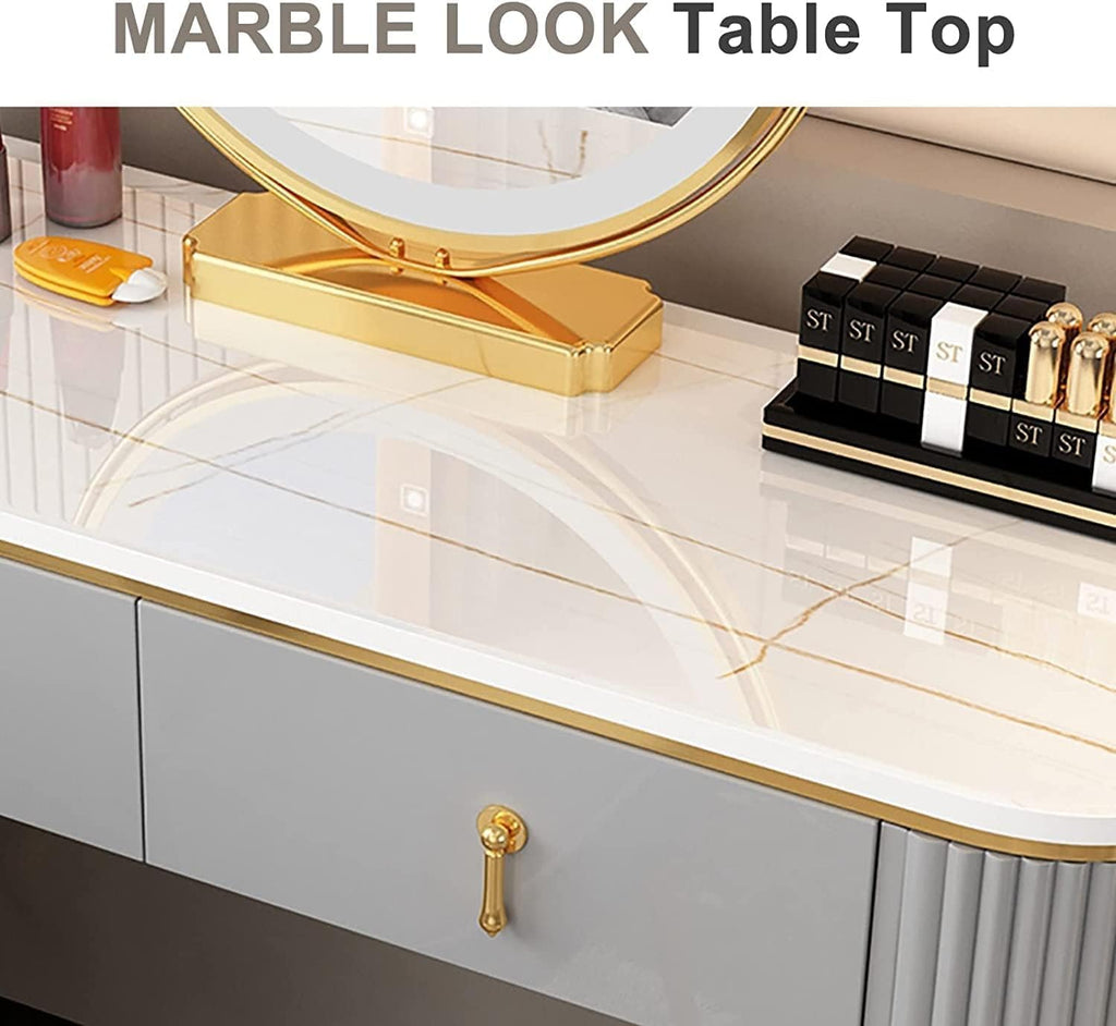 Rieort Vanity Table Led Vanity Mirror Makeup Vanity Set with Cushioned Stool Vanity Benches Stainless Steel Legs Dressing Table