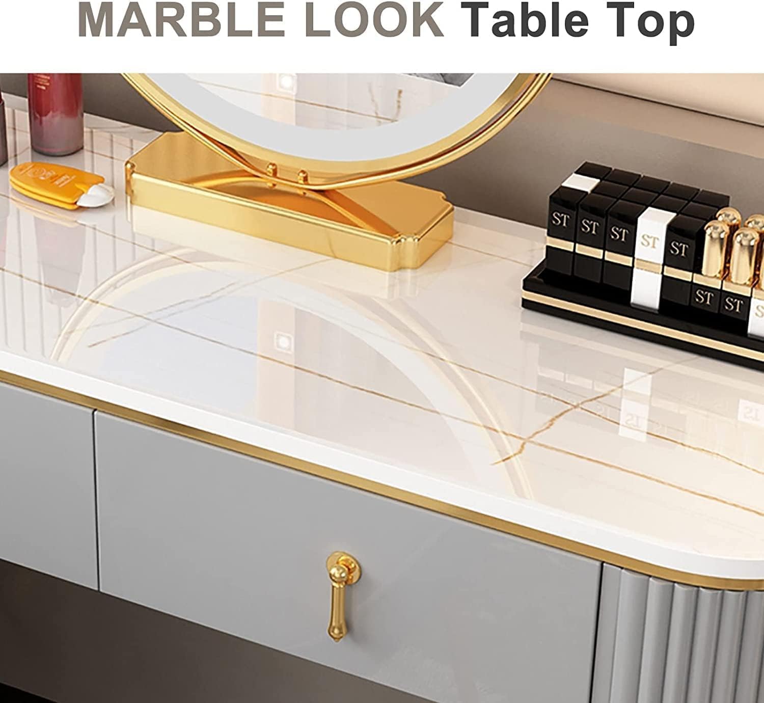 Rieort Vanity Table Led Vanity Mirror Makeup Vanity Set with Cushioned Stool Vanity Benches Stainless Steel Legs Dressing Table