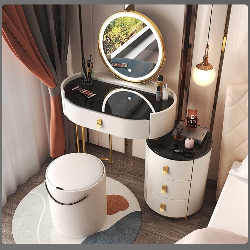 Vanity Benches Dresser Modern Small Apartment Bedroom Dresser Retractable Storage Cabinet with Mirror, Dressing Stool, Four Drawers (Color : A)