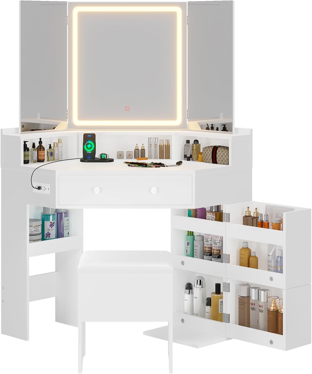 BTHFST Corner Vanity with Tri-Fold Mirror & Cushioned Storage Stool, Vanity Desk with Mirror and Lights, Makeup Vanity with Charging Station, Makeup Table with Drawers, Shelves, White