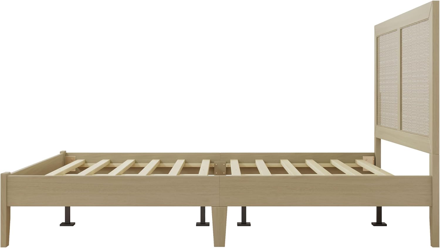 Christopher Knight Home Eudoca Natural Farmhouse Wooden Queen Bed Frame with Woven Rattan Headboard, Rubberwood Platform Bed Frame Queen Size, Rectangular Queen Size Bed Frame, No Box Spring Needed