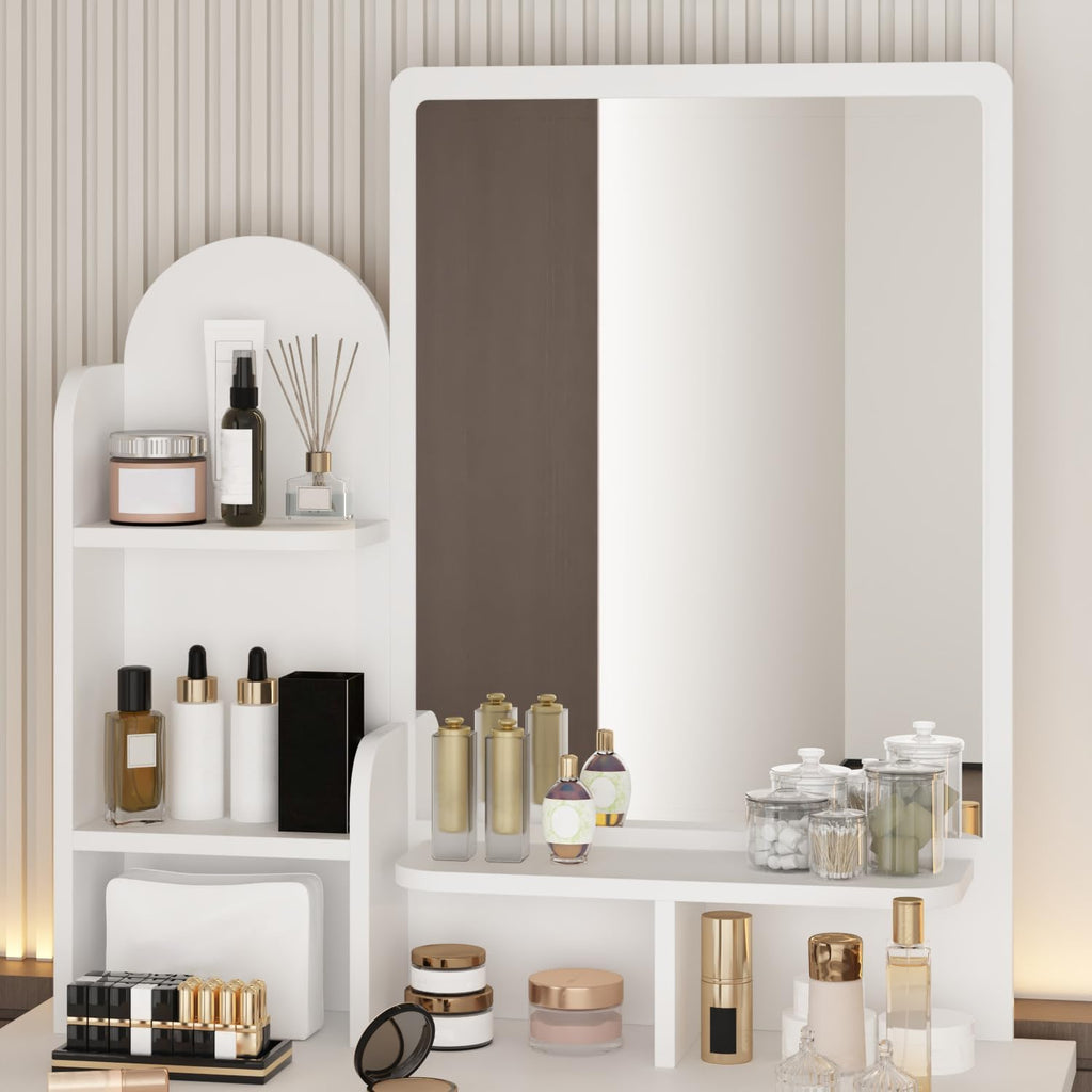 FUFU&GAGA Vanity Set with Mirror, Makeup Vanity Dressing Table with 5 Drawers, Shelves, Dresser Desk and Cushioned Stool Set (White)