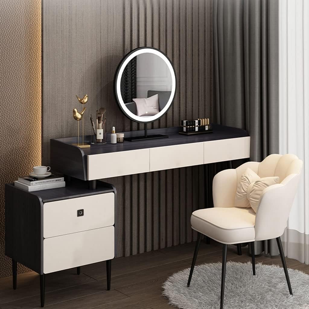 Vanity Benches Dresser Bedroom Modern Minimalist Makeup Table All-in-one Storage Cabinet with LED Round Mirror and Stool (Color : A)