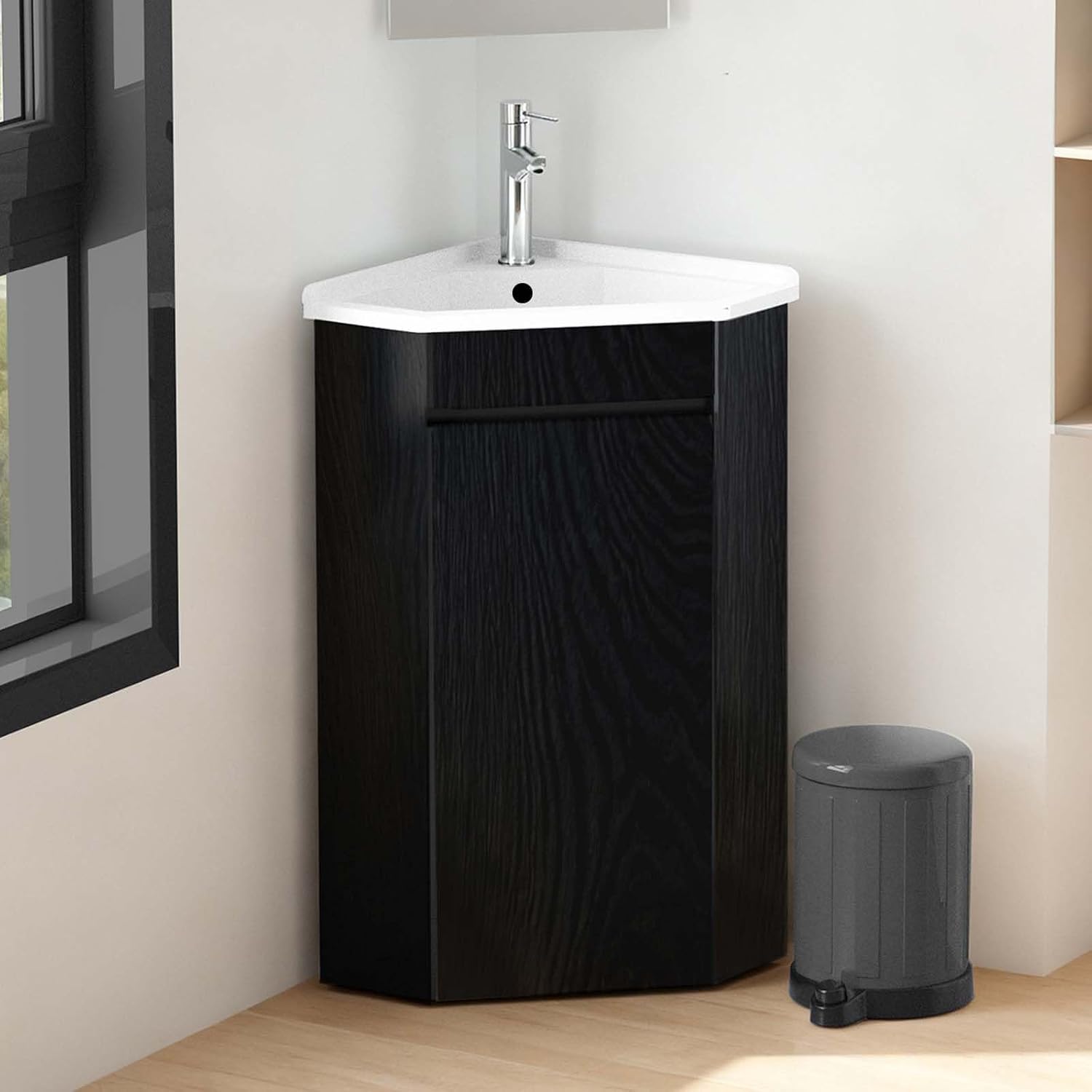 26' Corner Bathroom Vanity with Ceramic Sink for Small Space Freestanding Bathroom Cabinet Sink Combo with Shelf Modern Storage Cabinet with Console Sink Compact Space Small Utility Sink with Drain