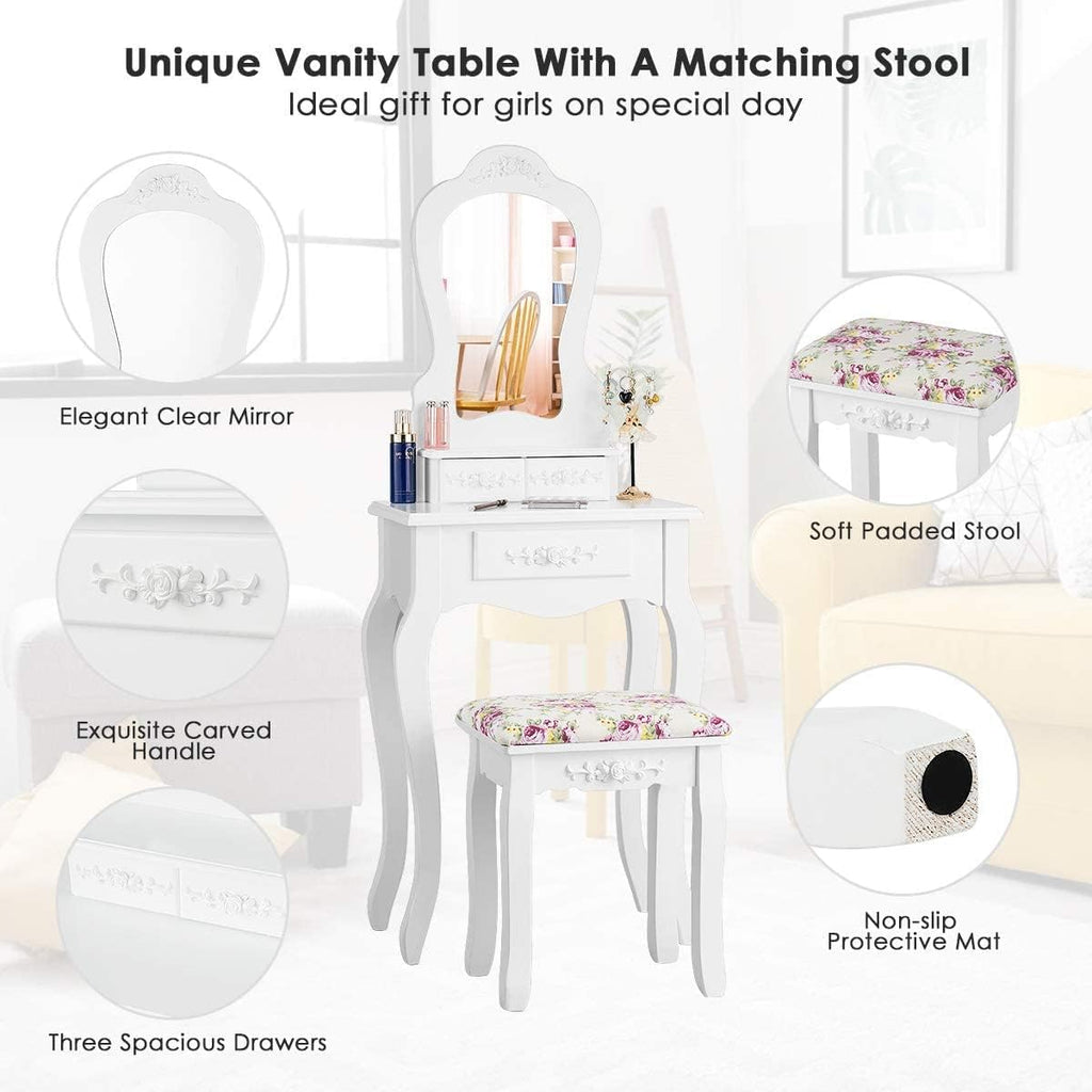 LDAILY Vanity Table Set with Cushioned Stool, Makeup Table with Mirror & 3 Storage Drawers, Multipurpose Writing Desk, Bedroom Bathroom Small Space Dressing Table and Bench for Women, Girl (White)