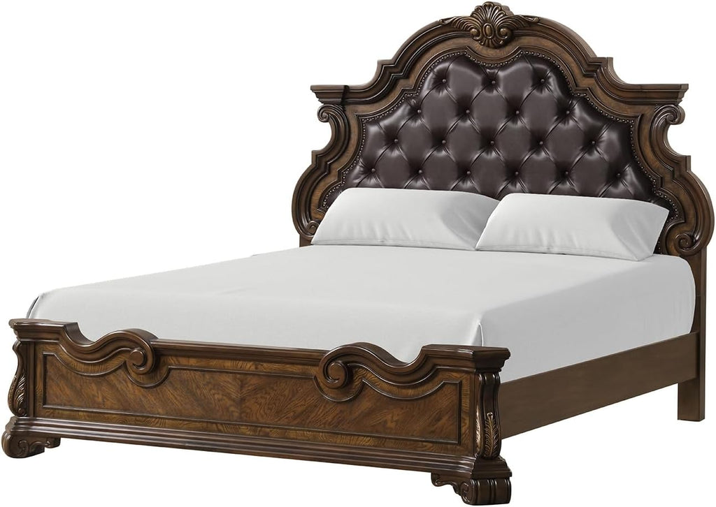 MASARA 3-Piece Traditional Bedroom Set, Queen/King Bed with 2 Nightstands, Dark Brown, Asian Hardwood with Tufted Leatherette Headboard, Ornate Carved Details (King)