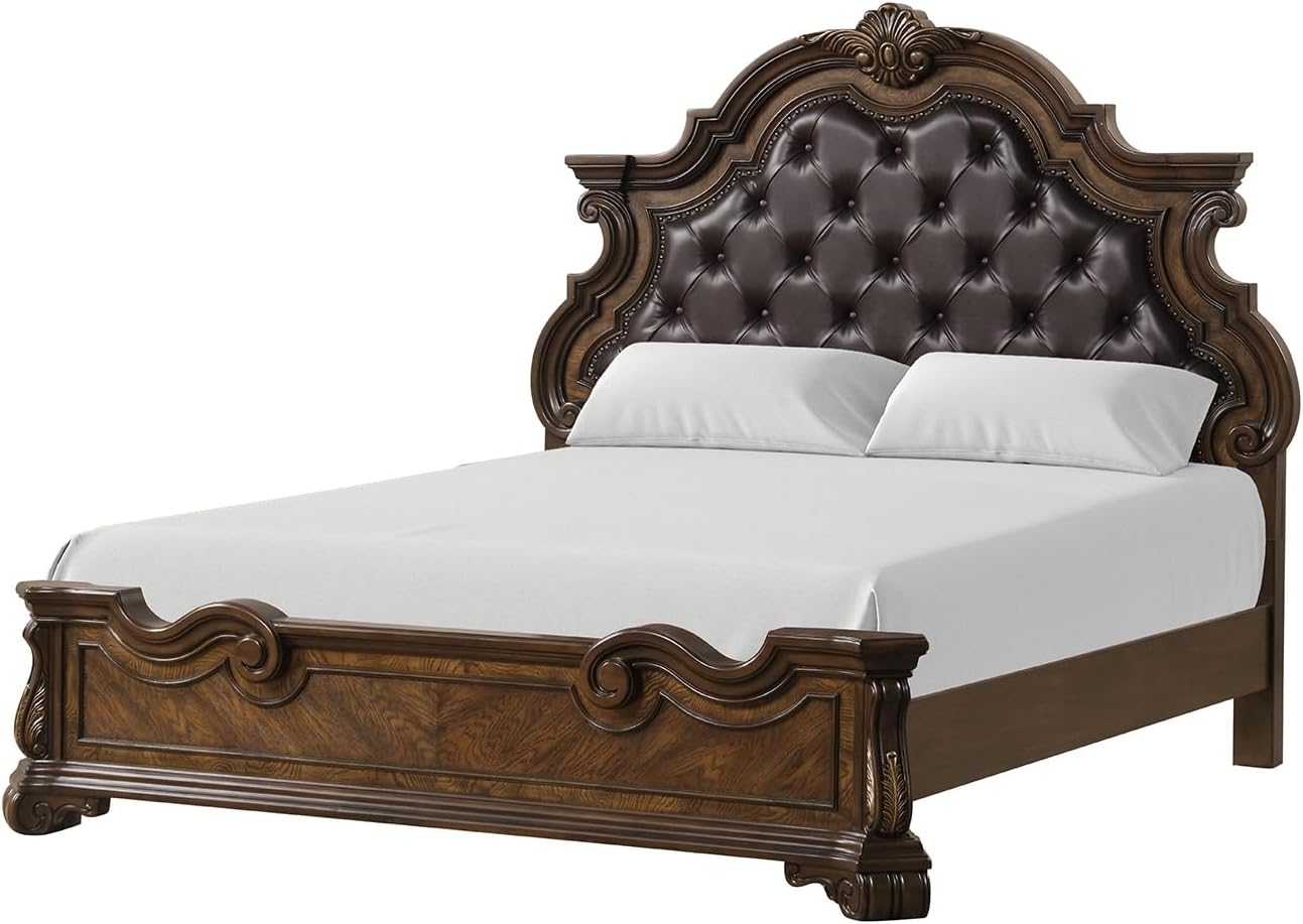 MASARA 3-Piece Traditional Bedroom Set, Queen/King Bed with 2 Nightstands, Dark Brown, Asian Hardwood with Tufted Leatherette Headboard, Ornate Carved Details (King)