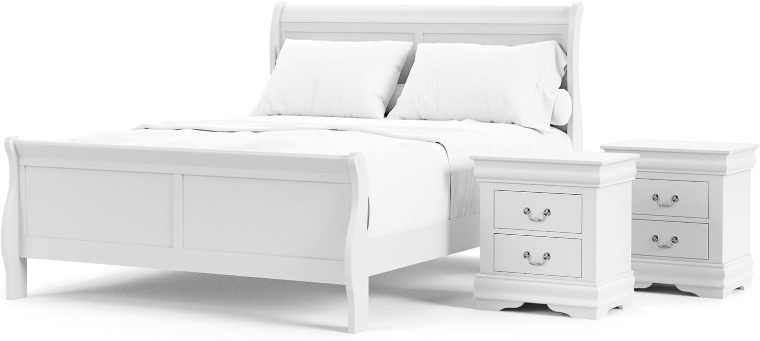 Furniture of America Louis Philippe Traditional Solid Wood 3 Piece Bedroom Set, Queen Bed Frame and Nightstands Set of 2, Sleigh Design Bedframe with Headboard and Footboard, Box Spring Needed, White