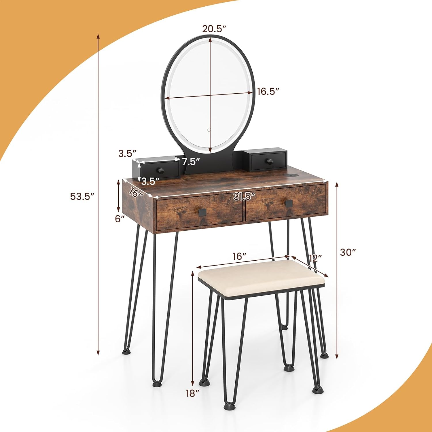 COSTWAY Vanity Desk Set with Mirror and Lights, Vanity Mirror with 3 Color Lighting Modes & Adjustable Brightness, Makeup Dressing Table with Cushioned Stool for Women Girls (Natural & Black)