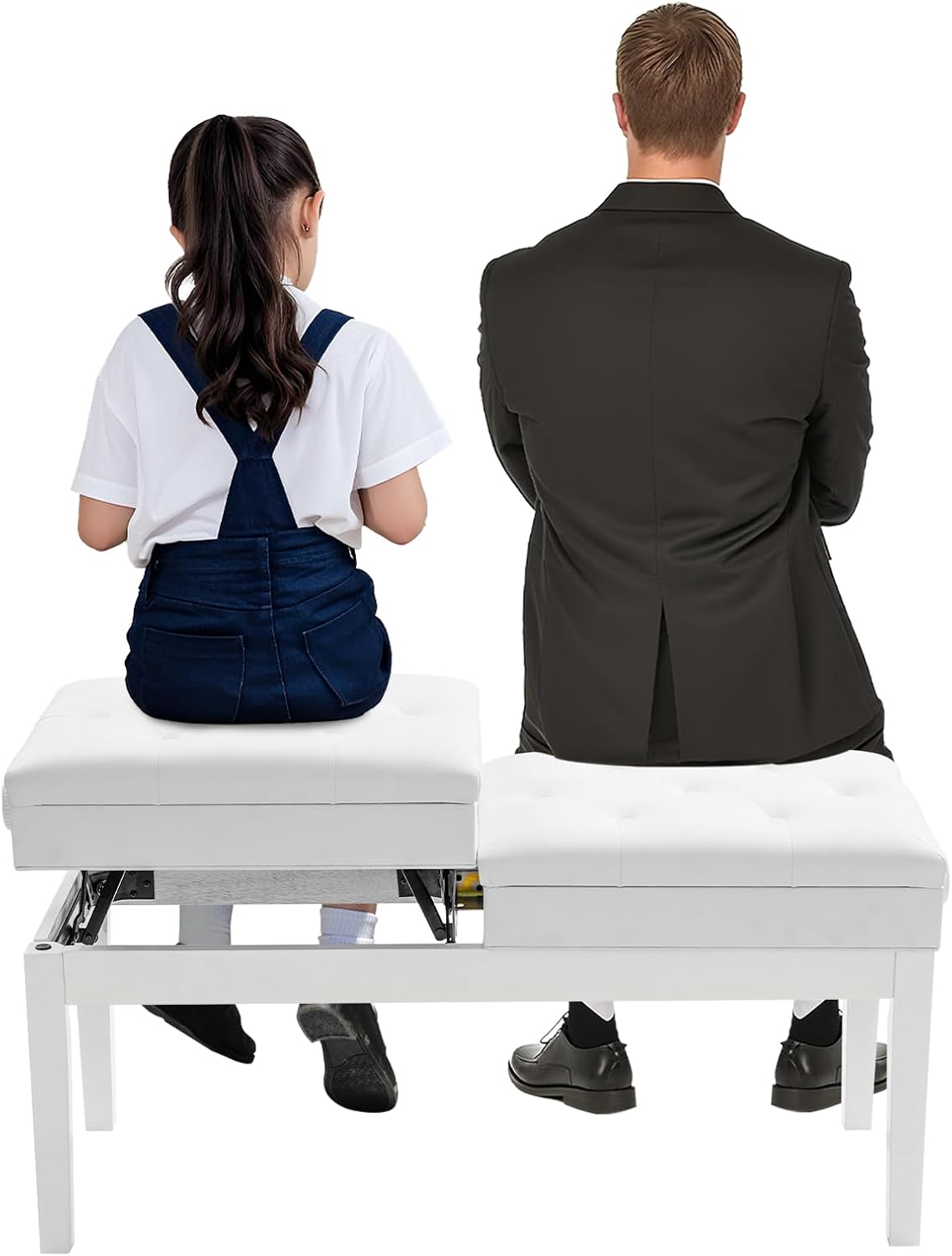 AngelcityCC Longer Duet Piano Bench with Storage, Adjustable Height Double Keyboard Piano Bench Seat with PU Leather Cushion