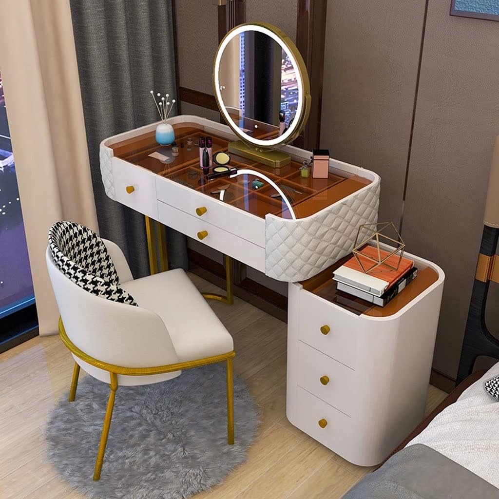 Vanity Benches Dresser Modern Bedroom Glass Vanity Table Small Apartment Storage Cabinet with Storage Cabinet, Stool, Mirror (Color : A)